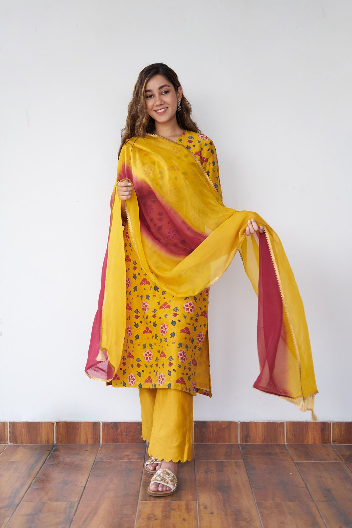 Mustard chanderi printed kurta set