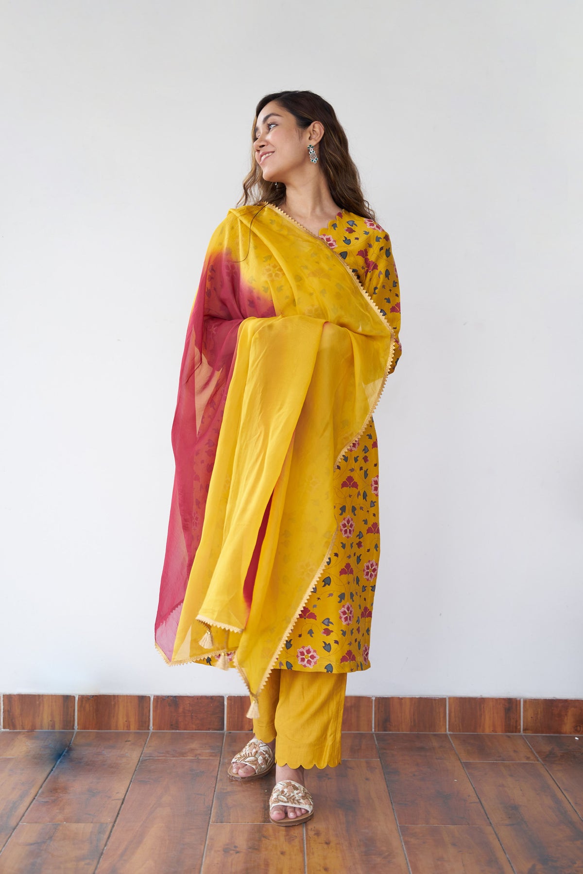 Mustard chanderi printed kurta set