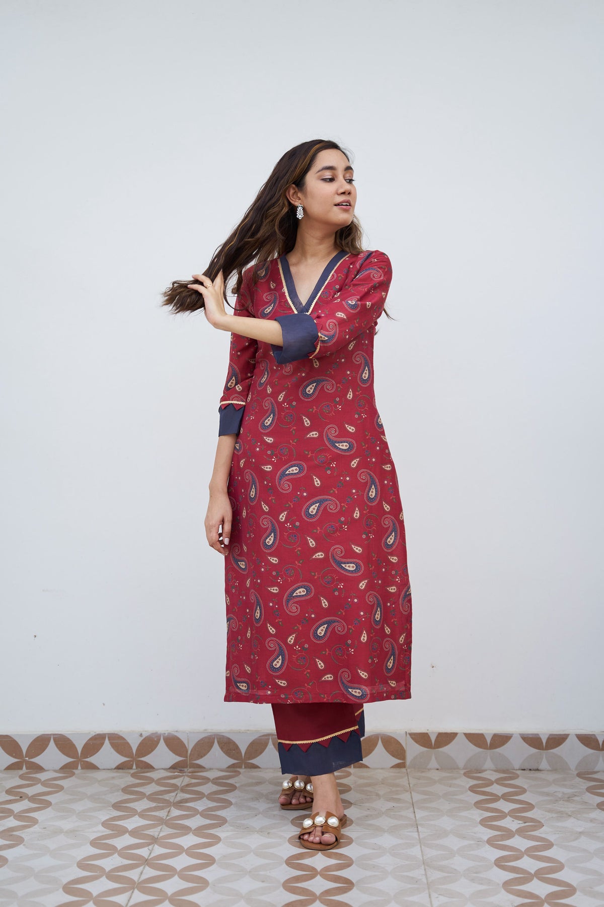 Cherry red printed kurta set