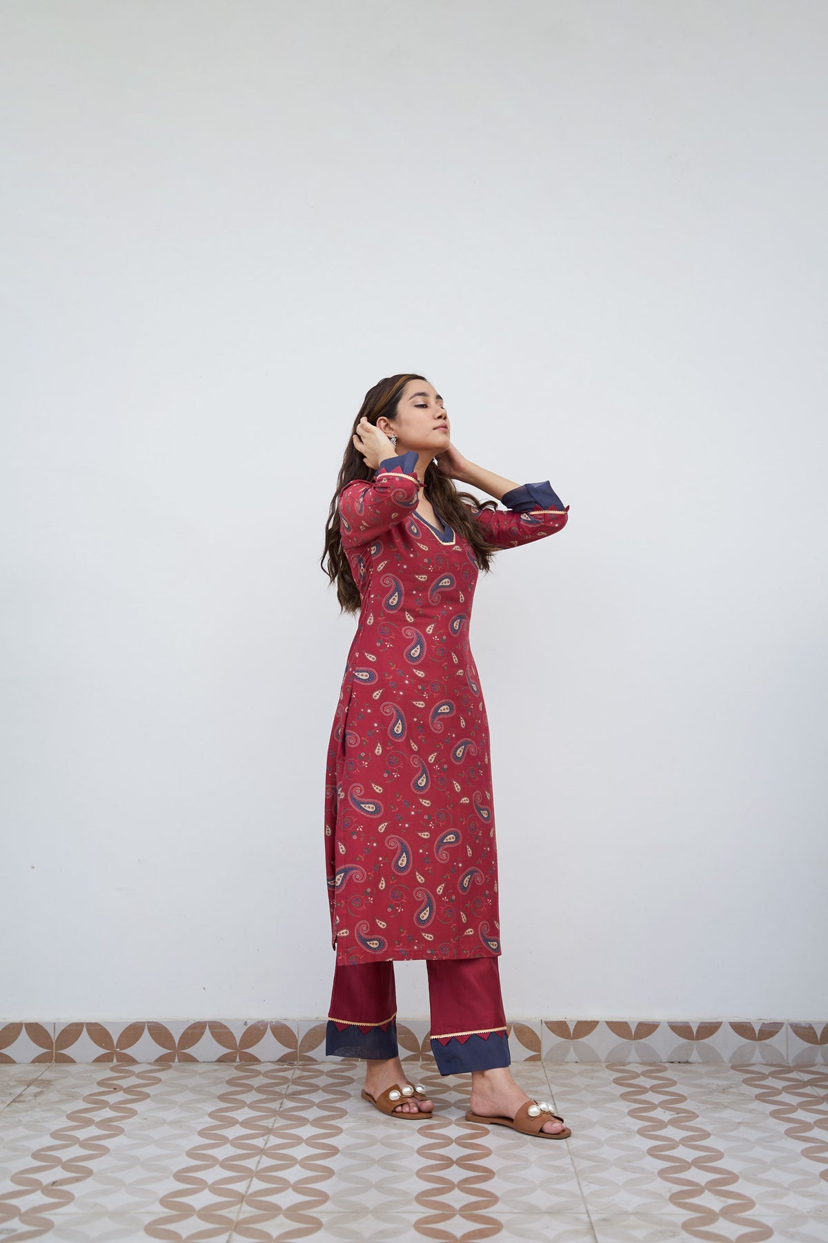 Cherry red printed kurta set