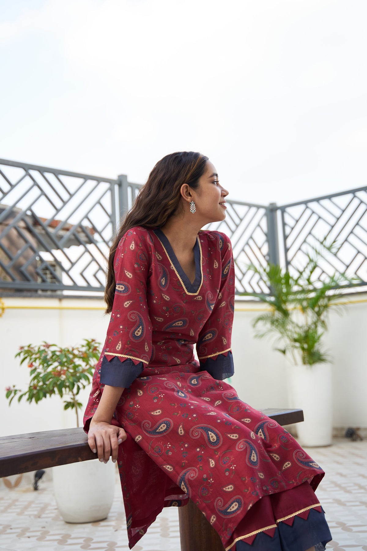 Cherry red printed kurta set