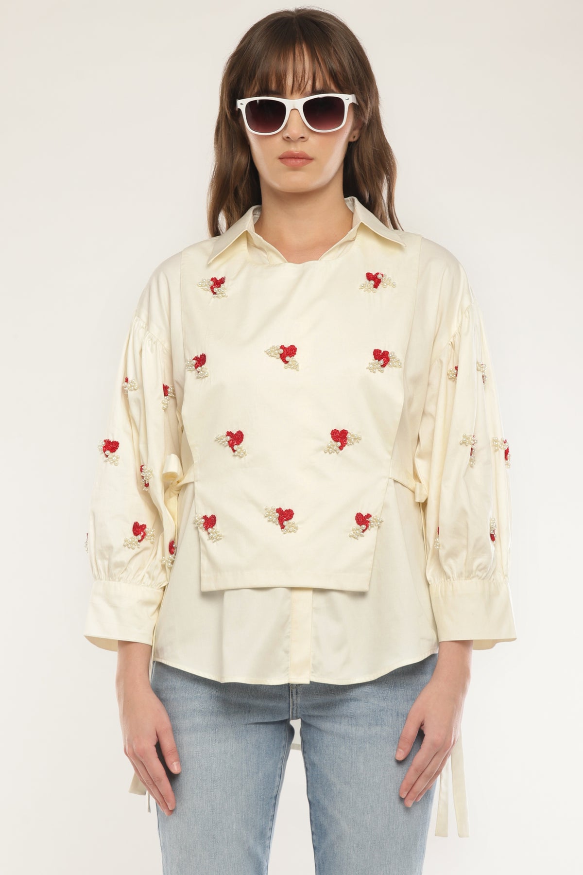 Ivory Sleeve embroidered shirt with overlay