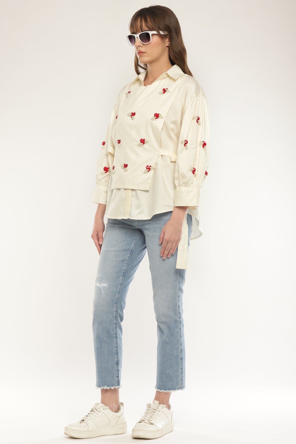 Ivory Sleeve embroidered shirt with overlay