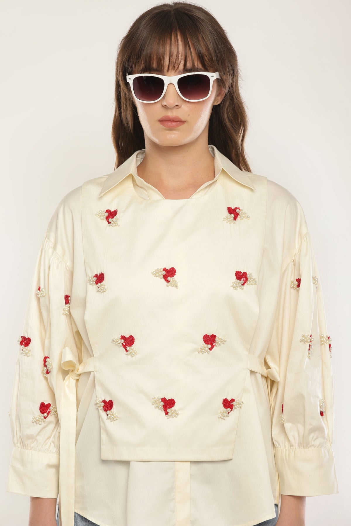 Ivory Sleeve embroidered shirt with overlay