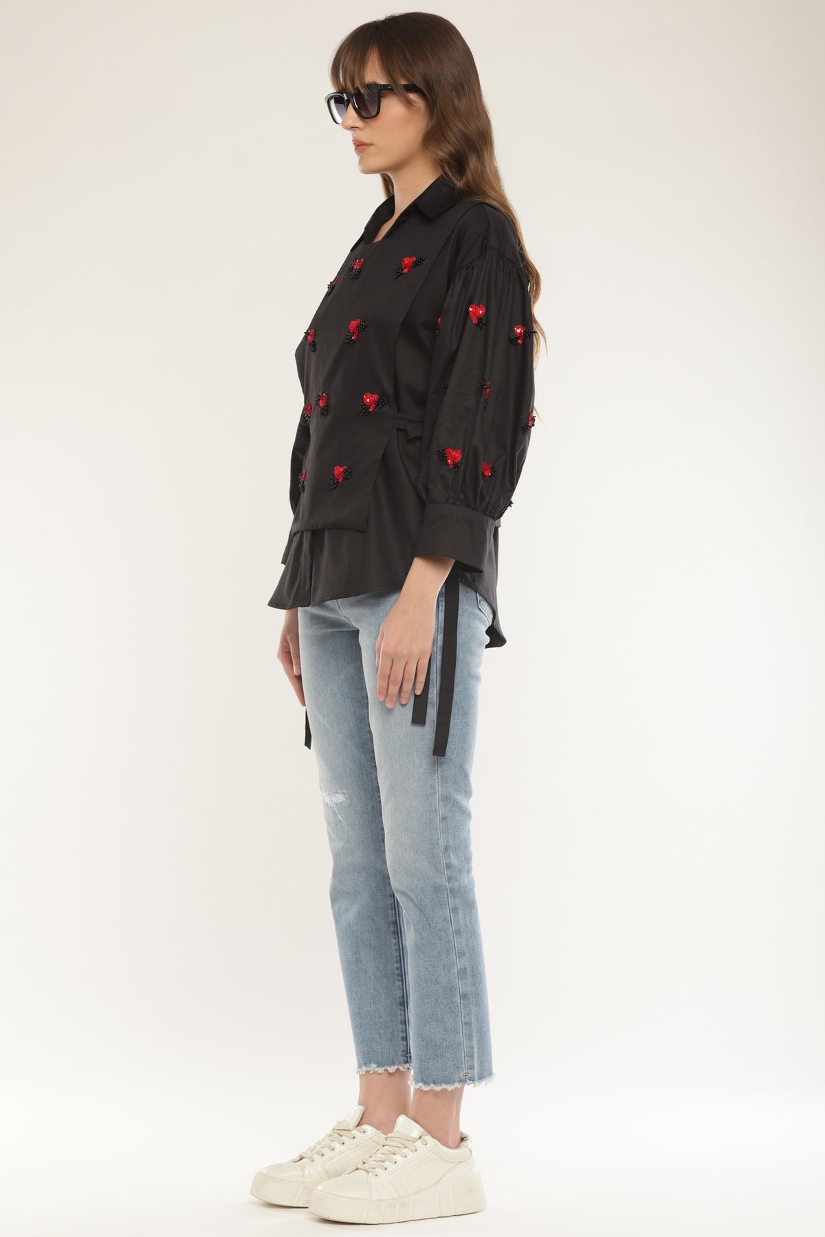 Black Sleeve embroidered shirt with overlay