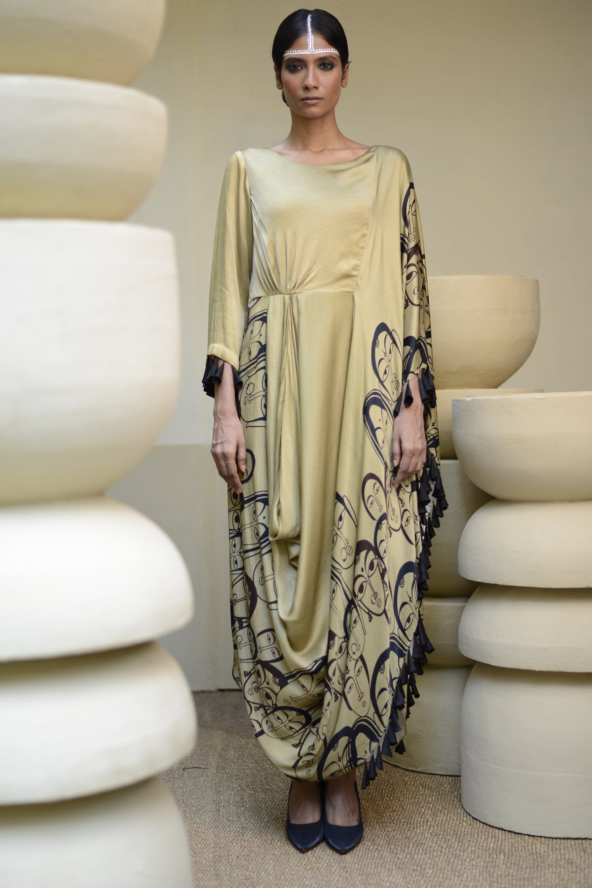 Beige Printed Cowl Drape Dress