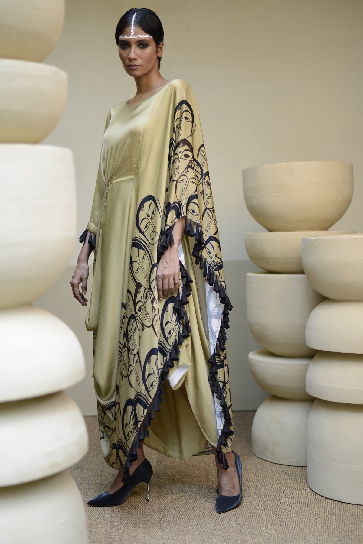 Beige Printed Cowl Drape Dress