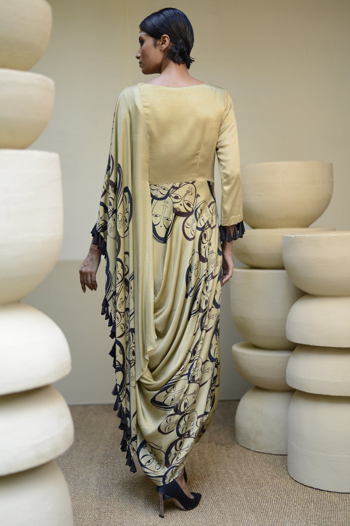 Beige Printed Cowl Drape Dress