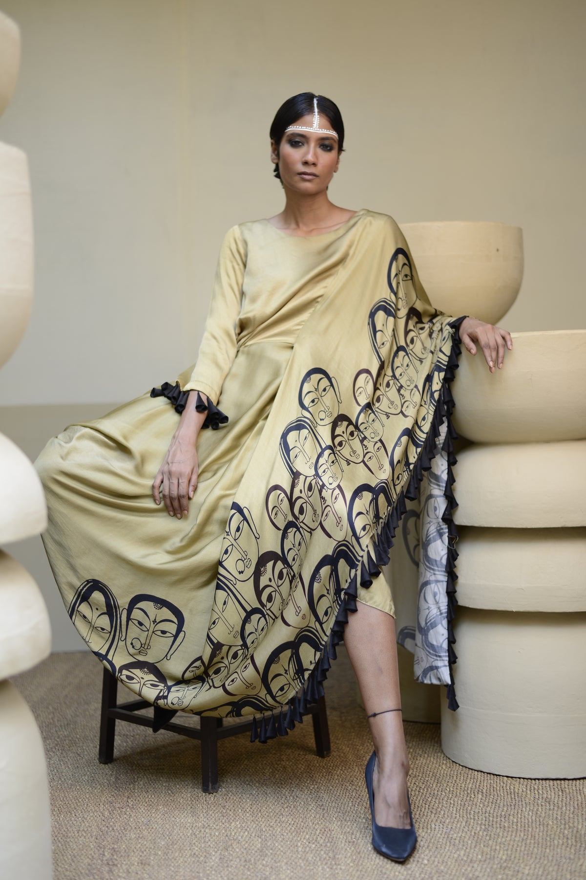 Beige Printed Cowl Drape Dress