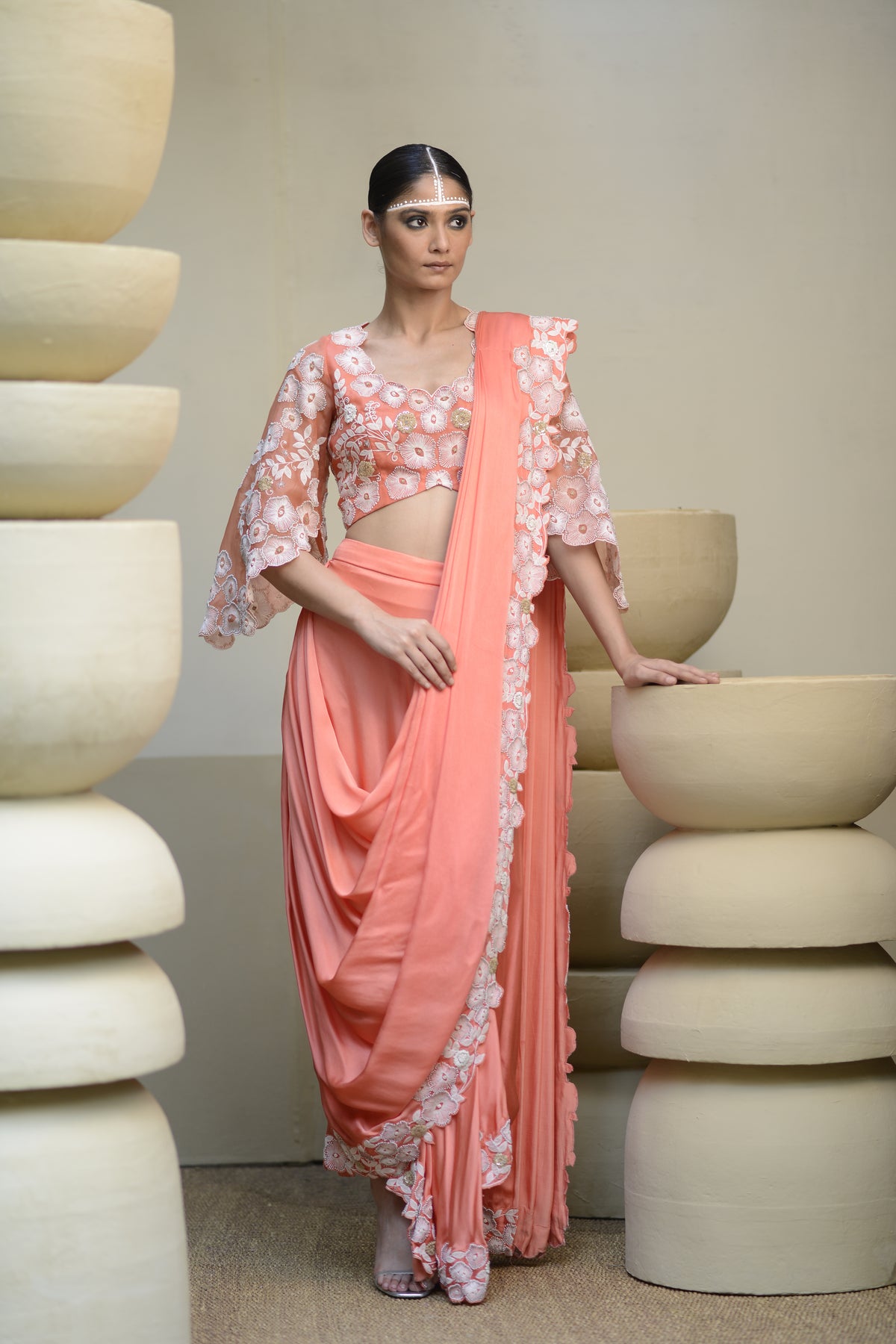 Coral Embroidered Drape Saree Set