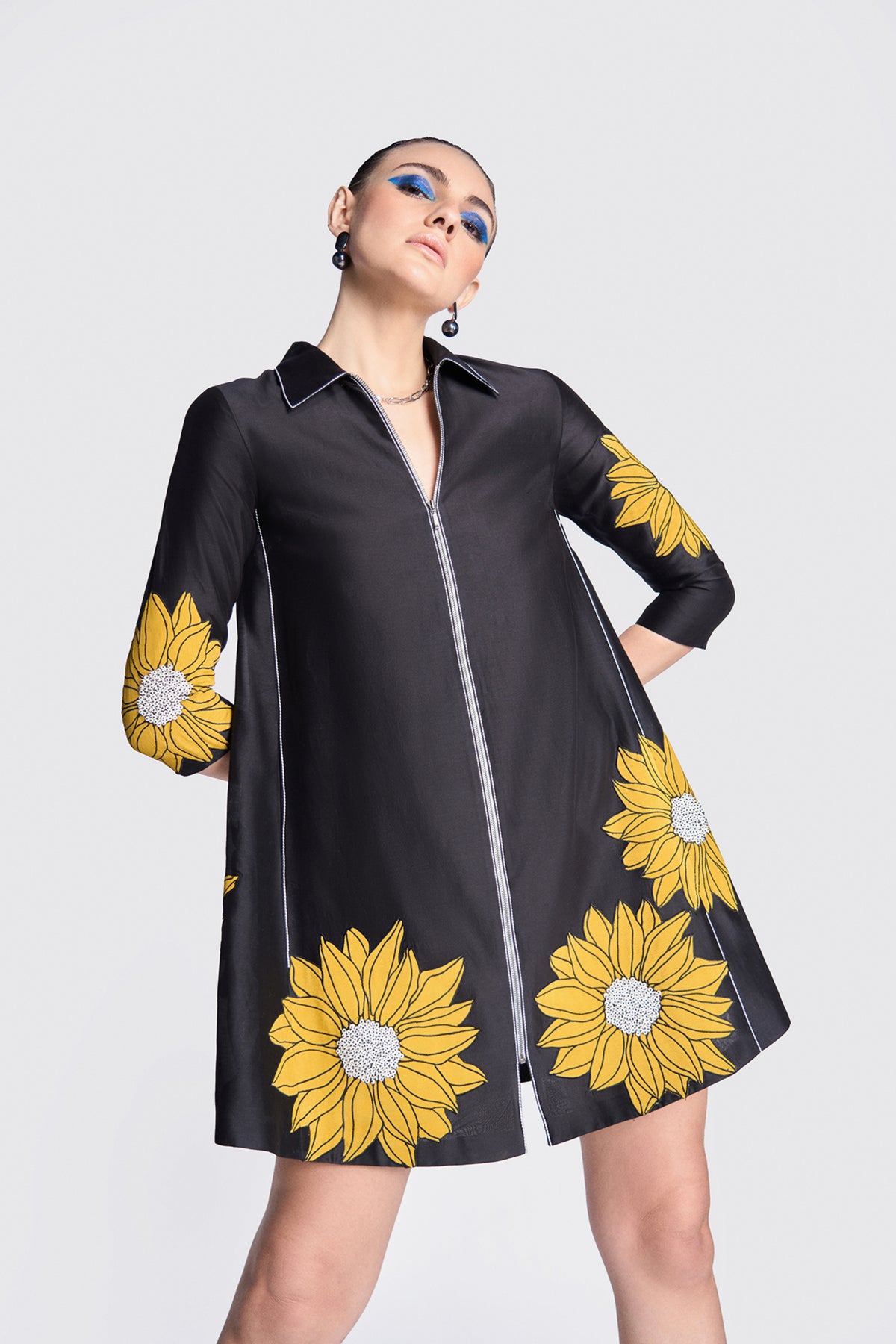 Sunflower Applique Side Triangle Shirt Dress