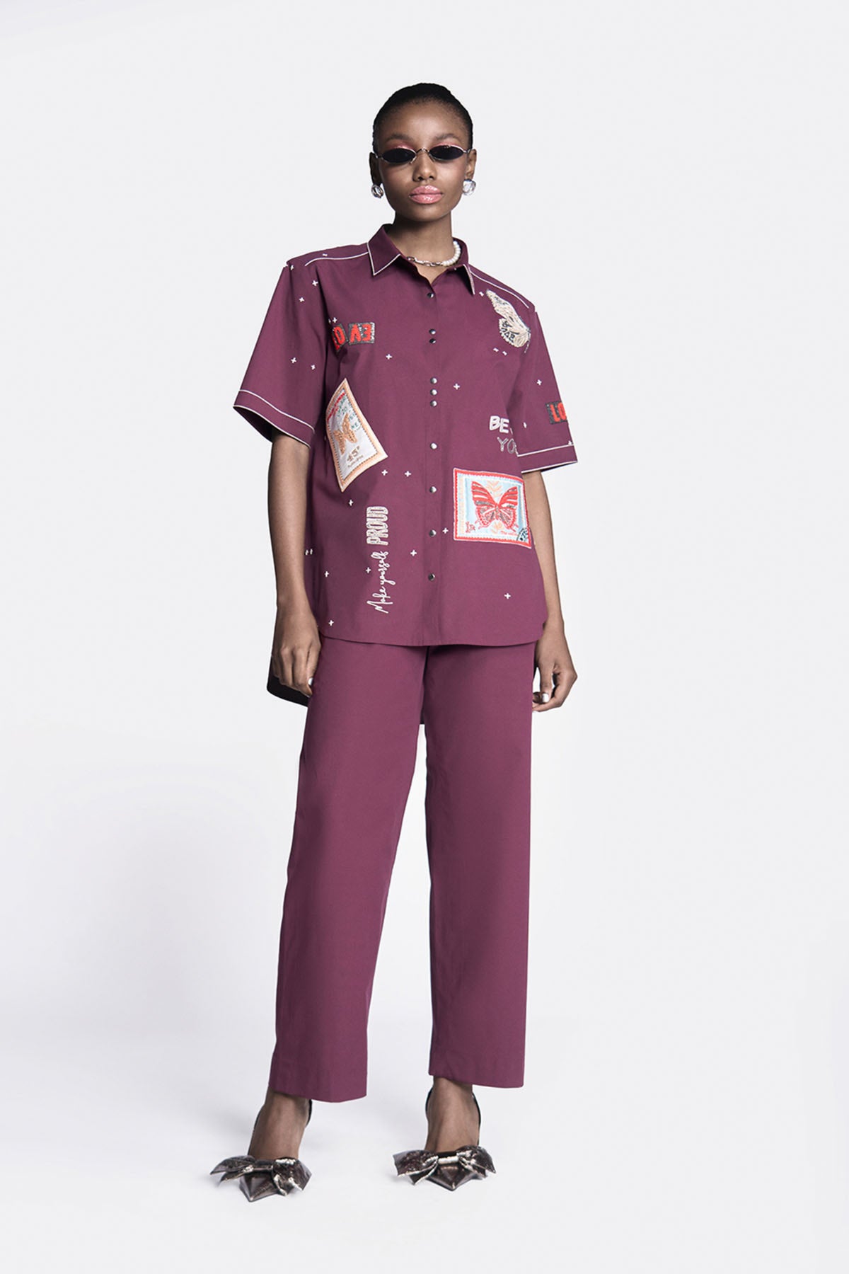 Butterfly Stamp High Low Shirt With Straight Pants