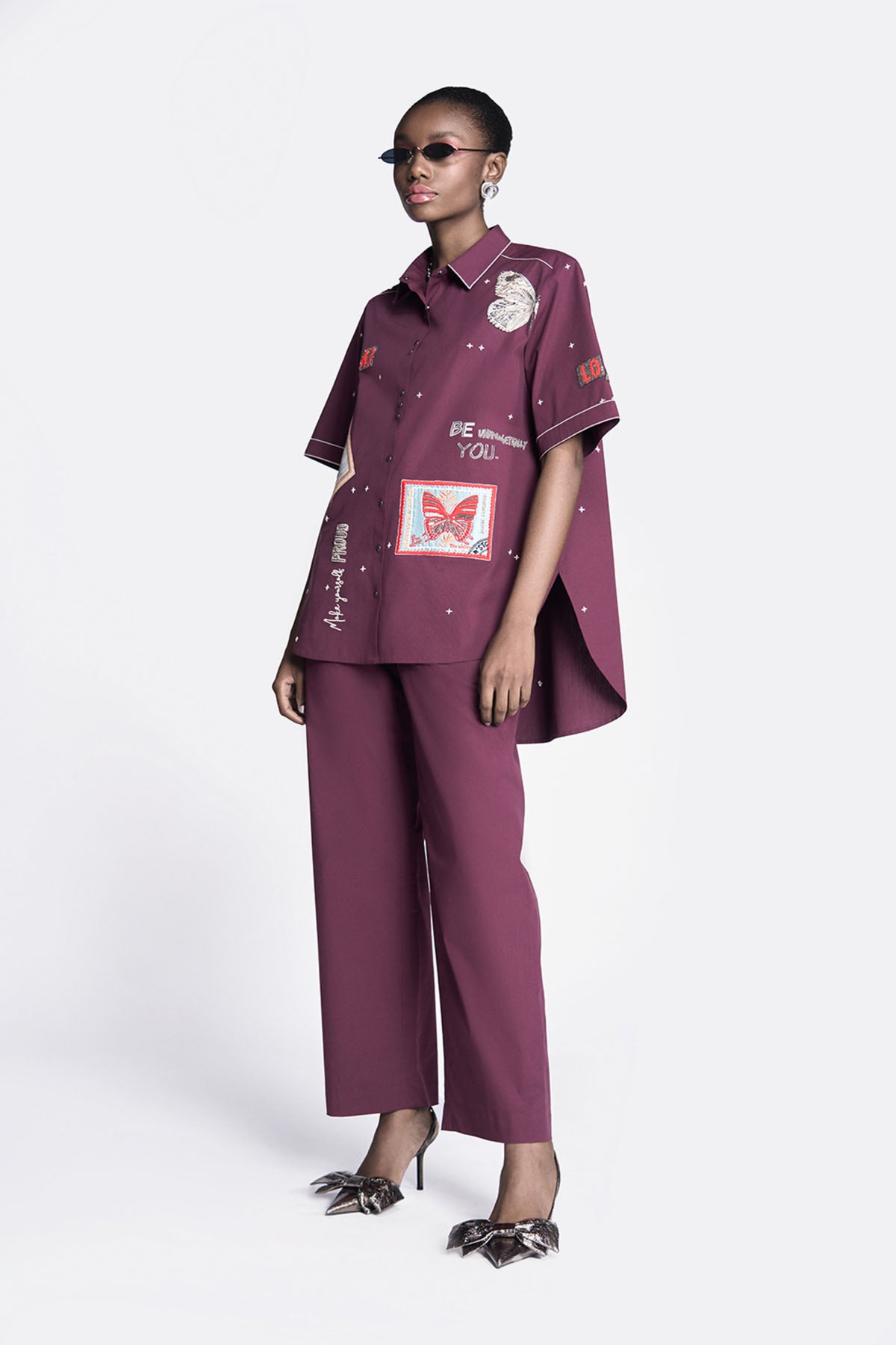 Butterfly Stamp High Low Shirt With Straight Pants