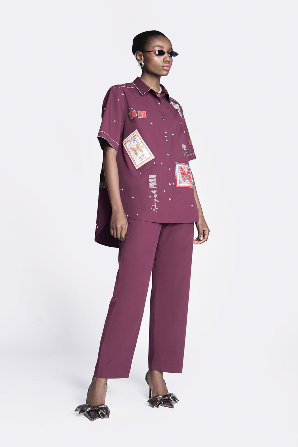 Butterfly Stamp High Low Shirt With Straight Pants