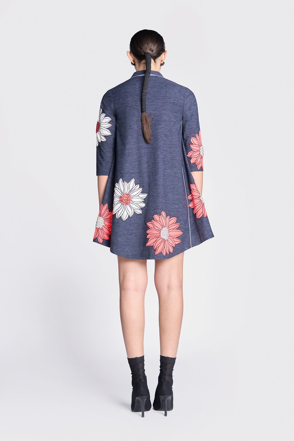 Flower Applique Side Triangle Shirt Dress