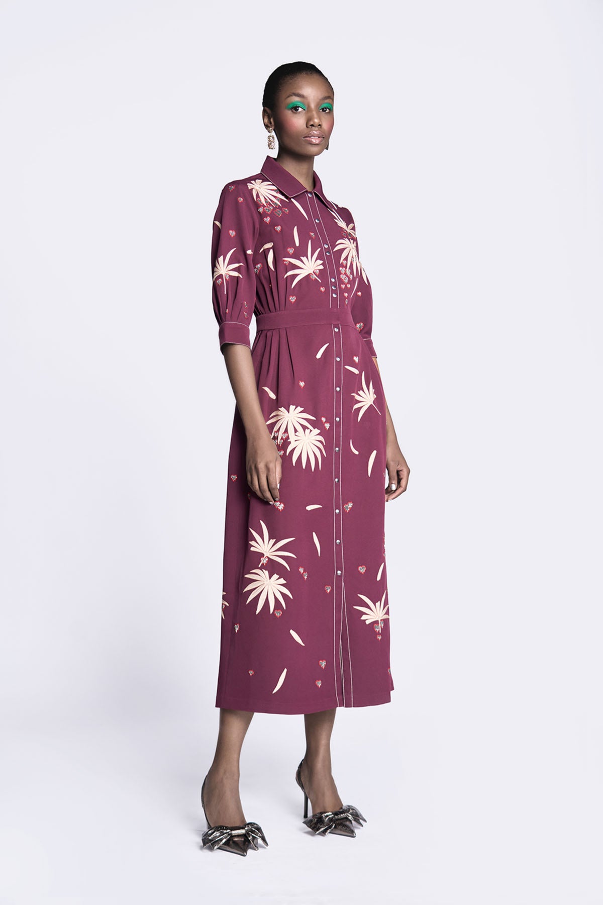 Fruit And Leaf Side Pleated Long Dress