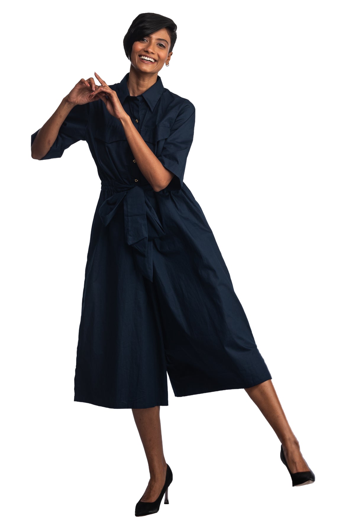 Navy blue equatorial tie jumpsuit