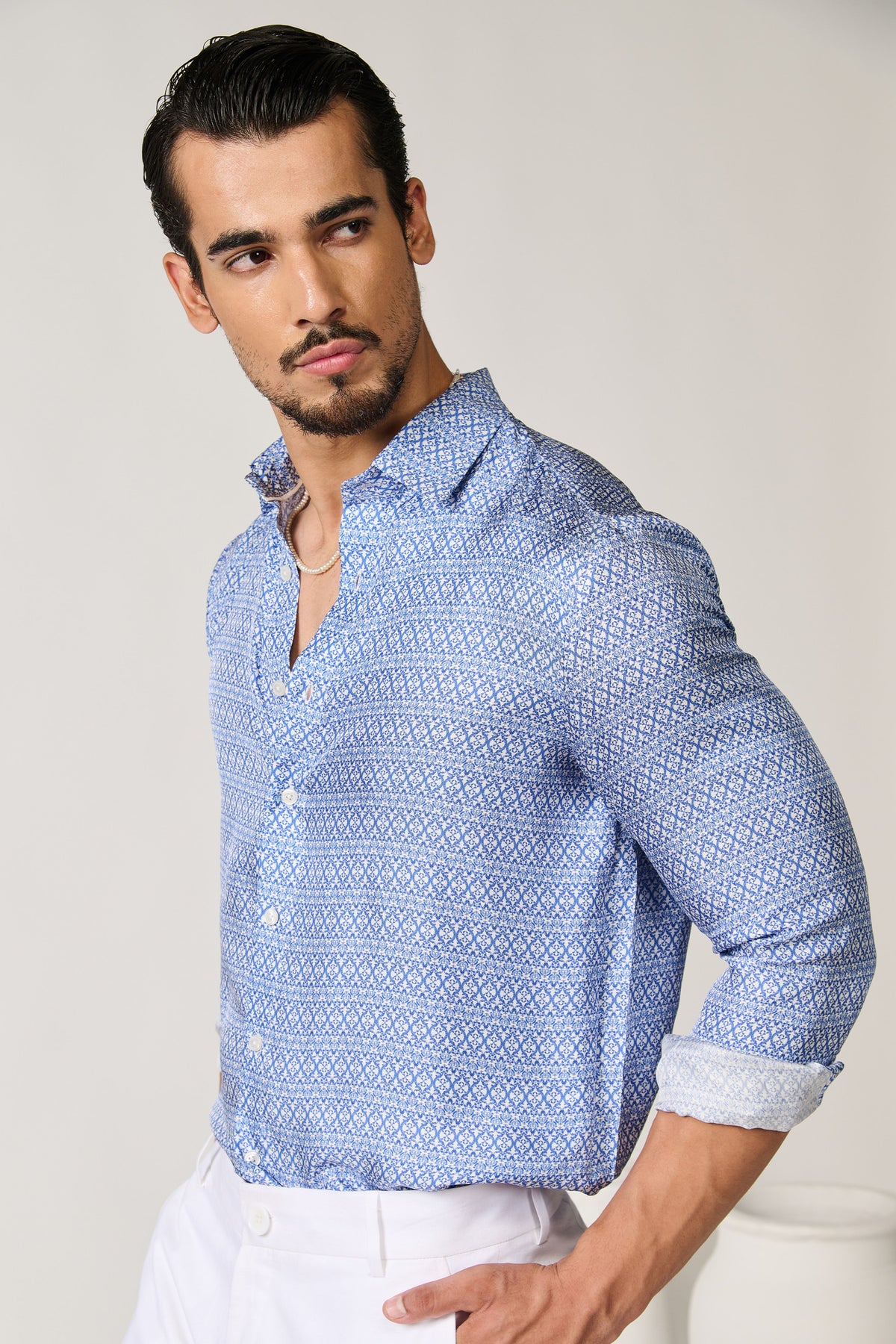 Blue Printed Twill Silk Shirt