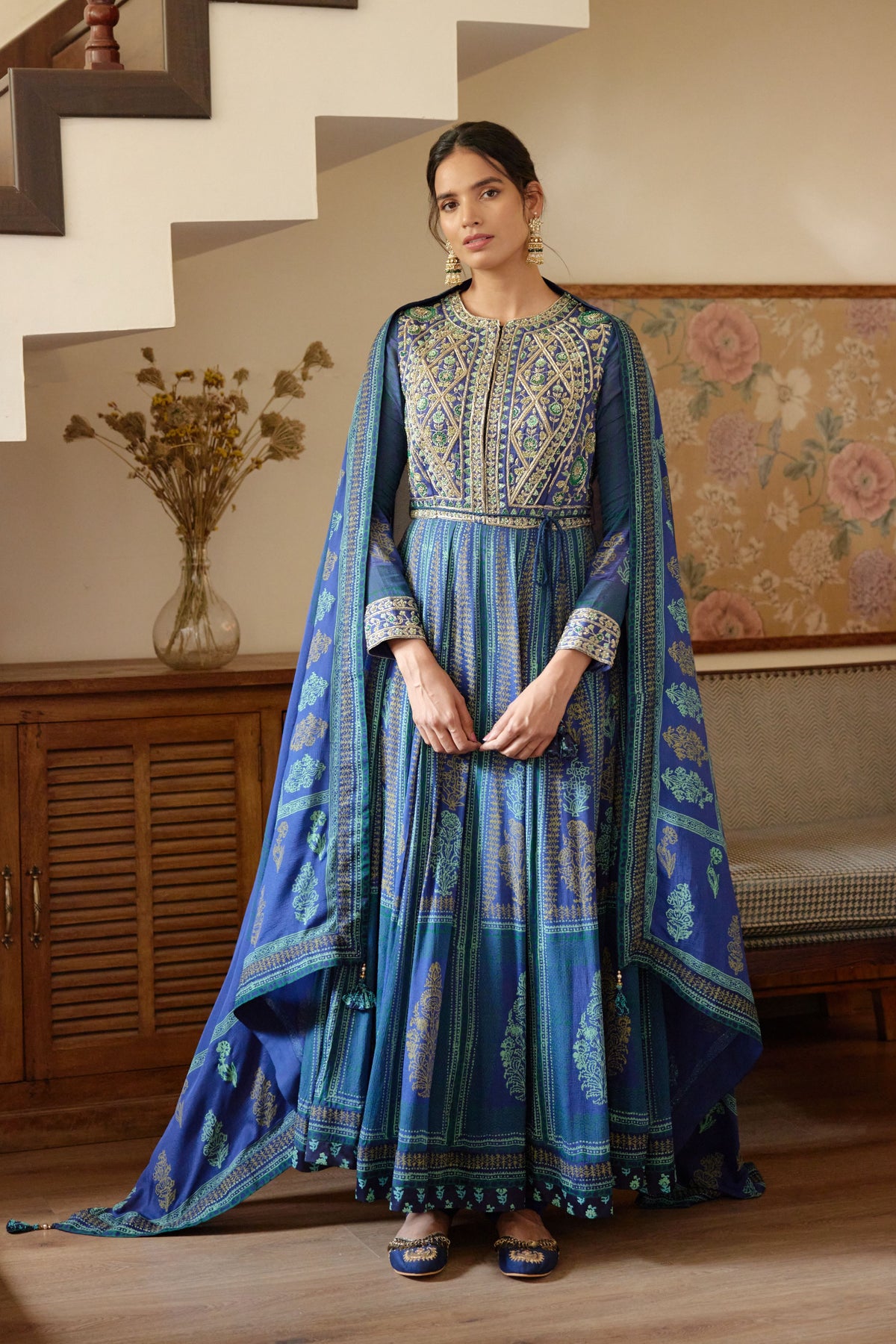 Royal Blue Hand Block Printed Anarkali Set