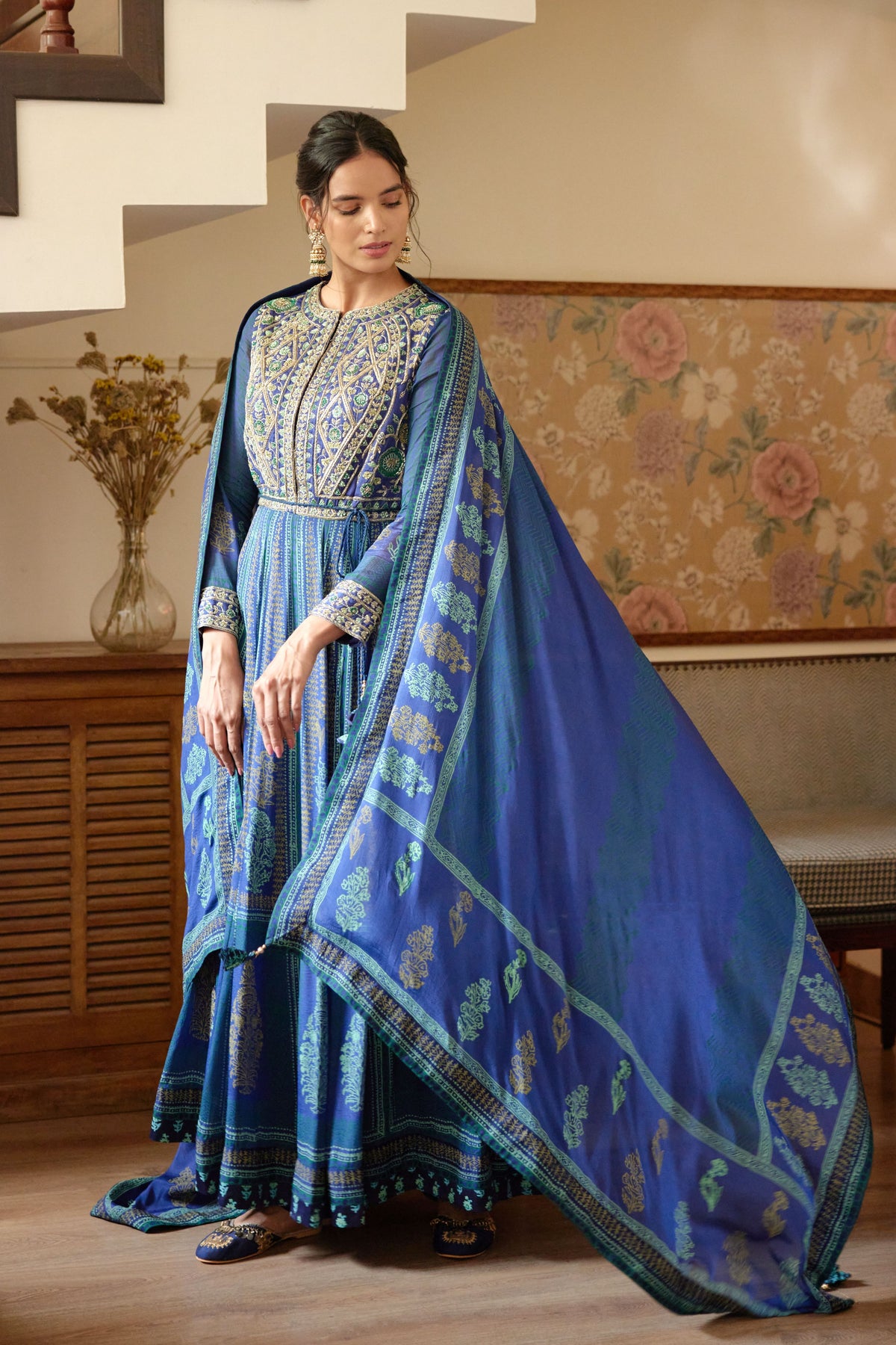 Royal Blue Hand Block Printed Anarkali Set