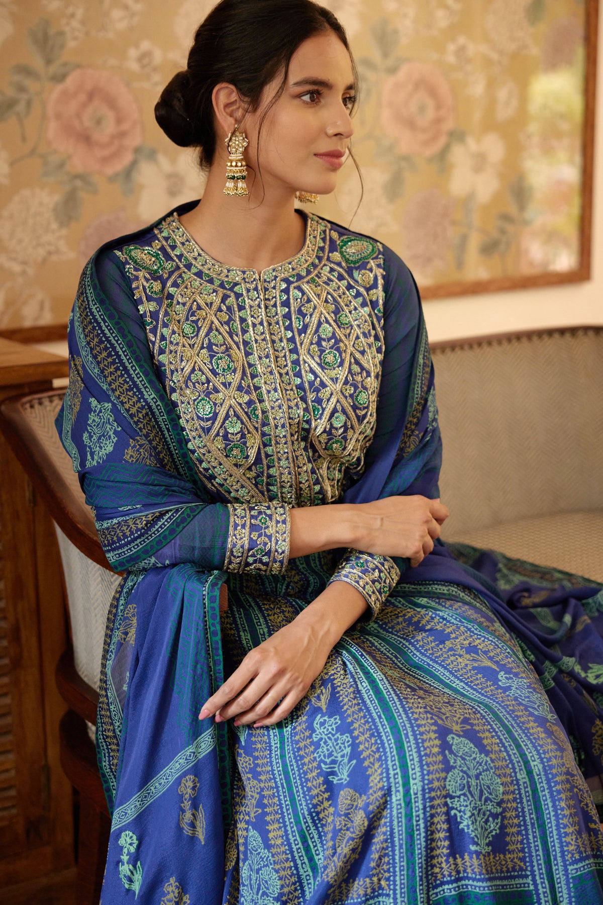 Royal Blue Hand Block Printed Anarkali Set