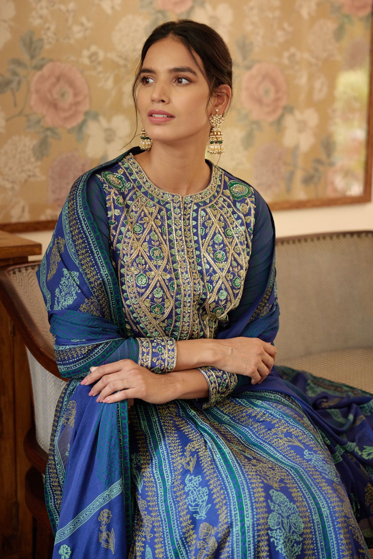 Royal Blue Hand Block Printed Anarkali Set