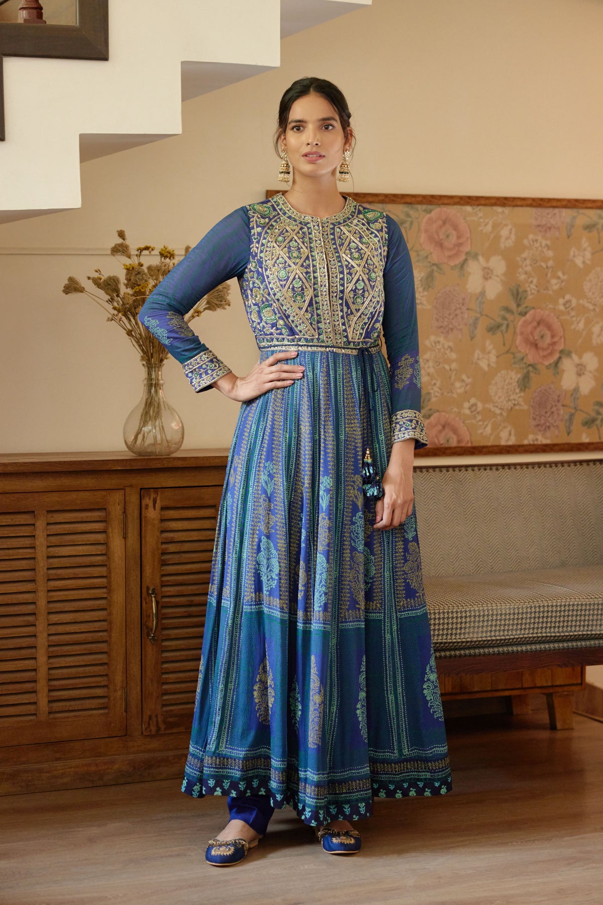 Royal Blue Hand Block Printed Anarkali Set