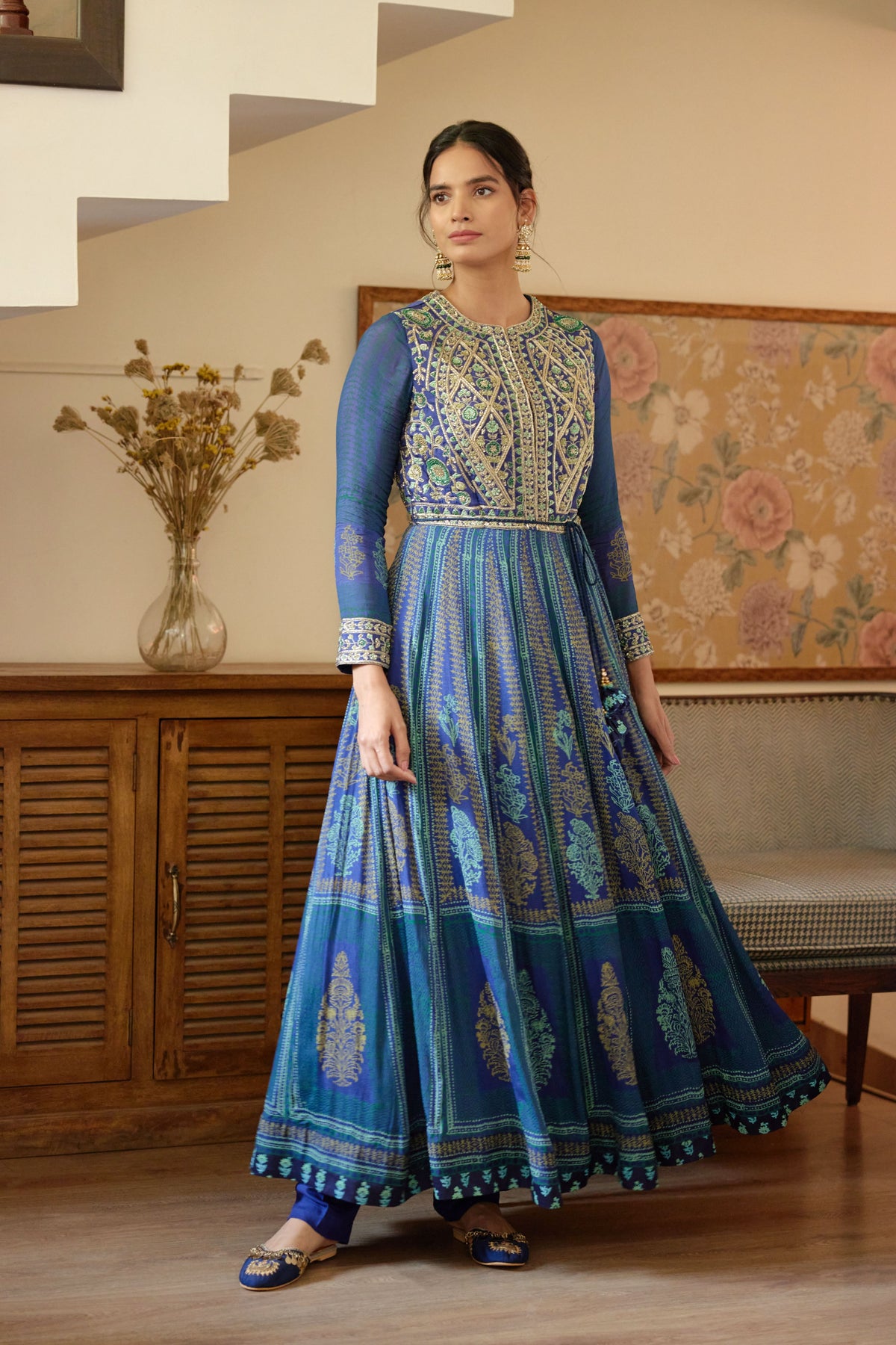 Royal Blue Hand Block Printed Anarkali Set