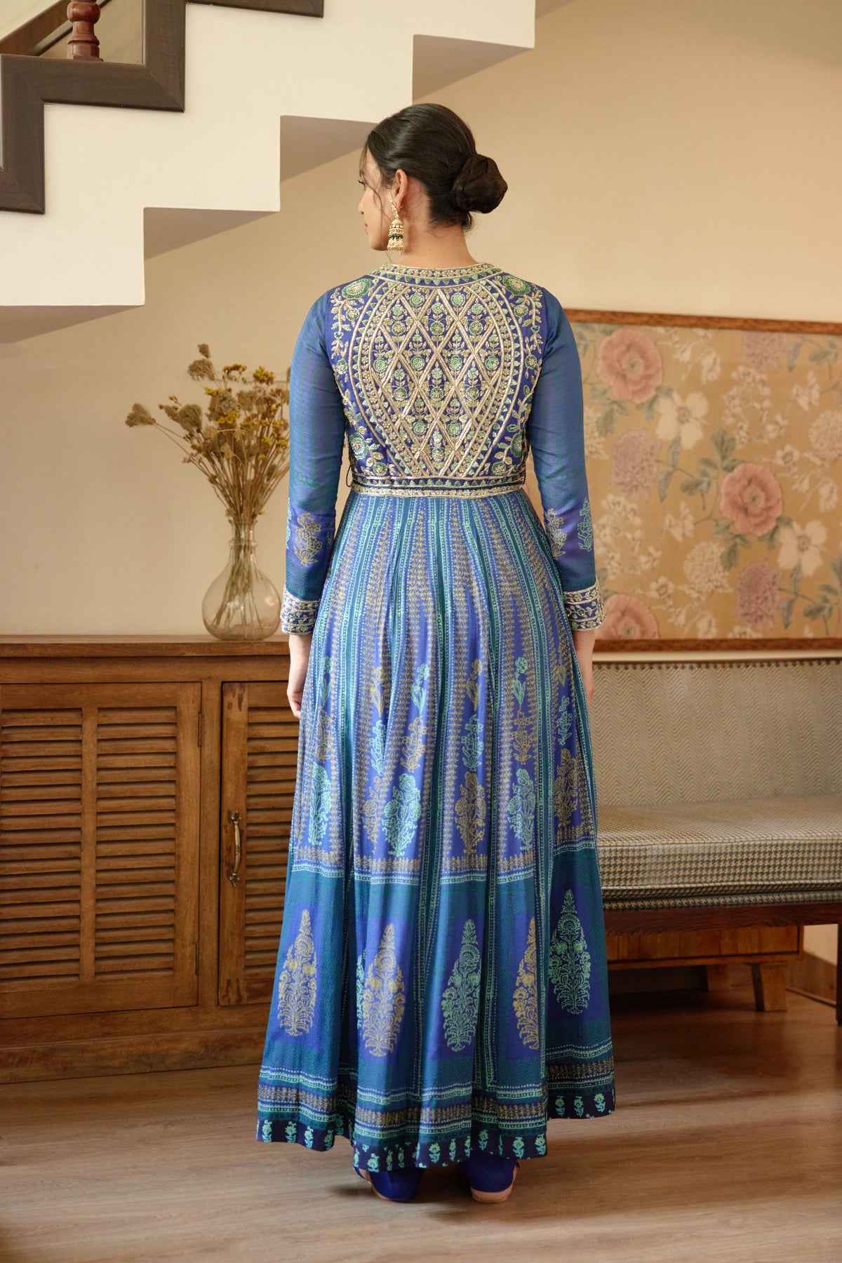 Royal Blue Hand Block Printed Anarkali Set