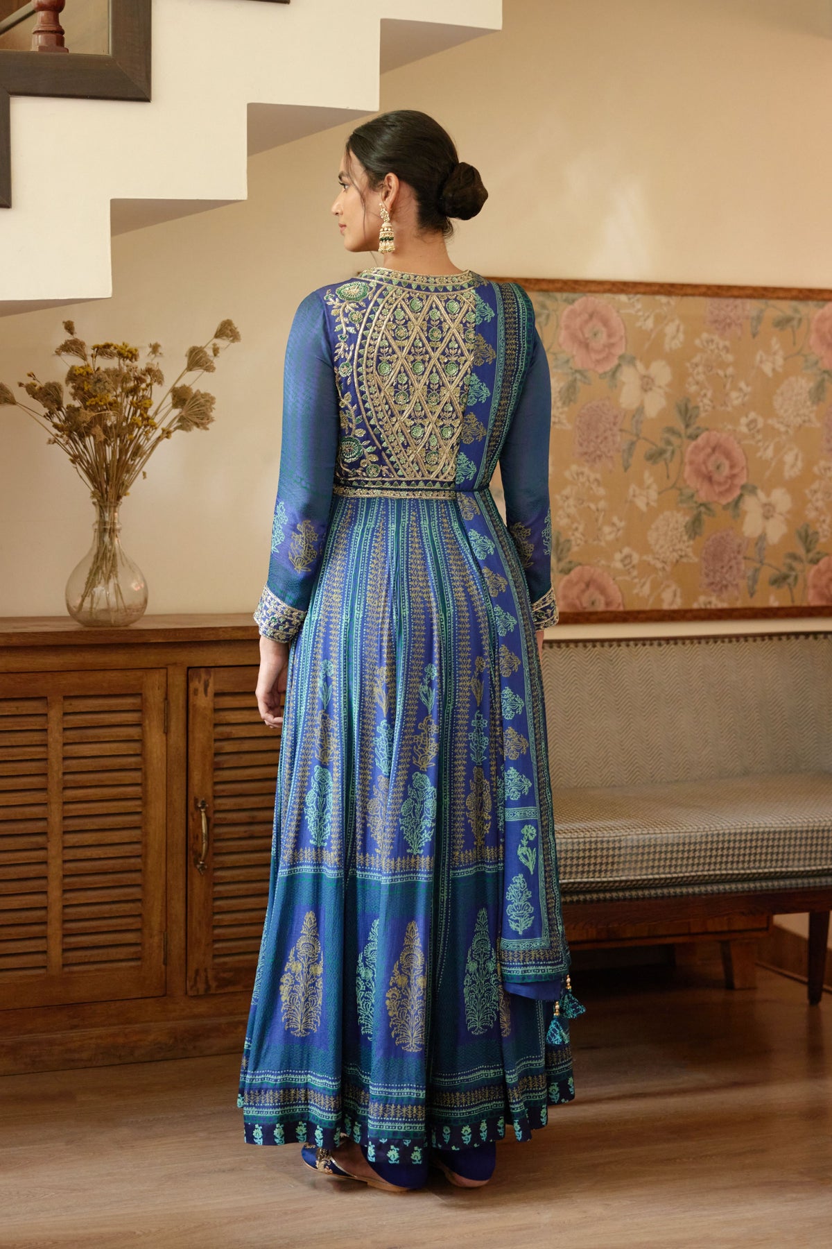 Royal Blue Hand Block Printed Anarkali Set