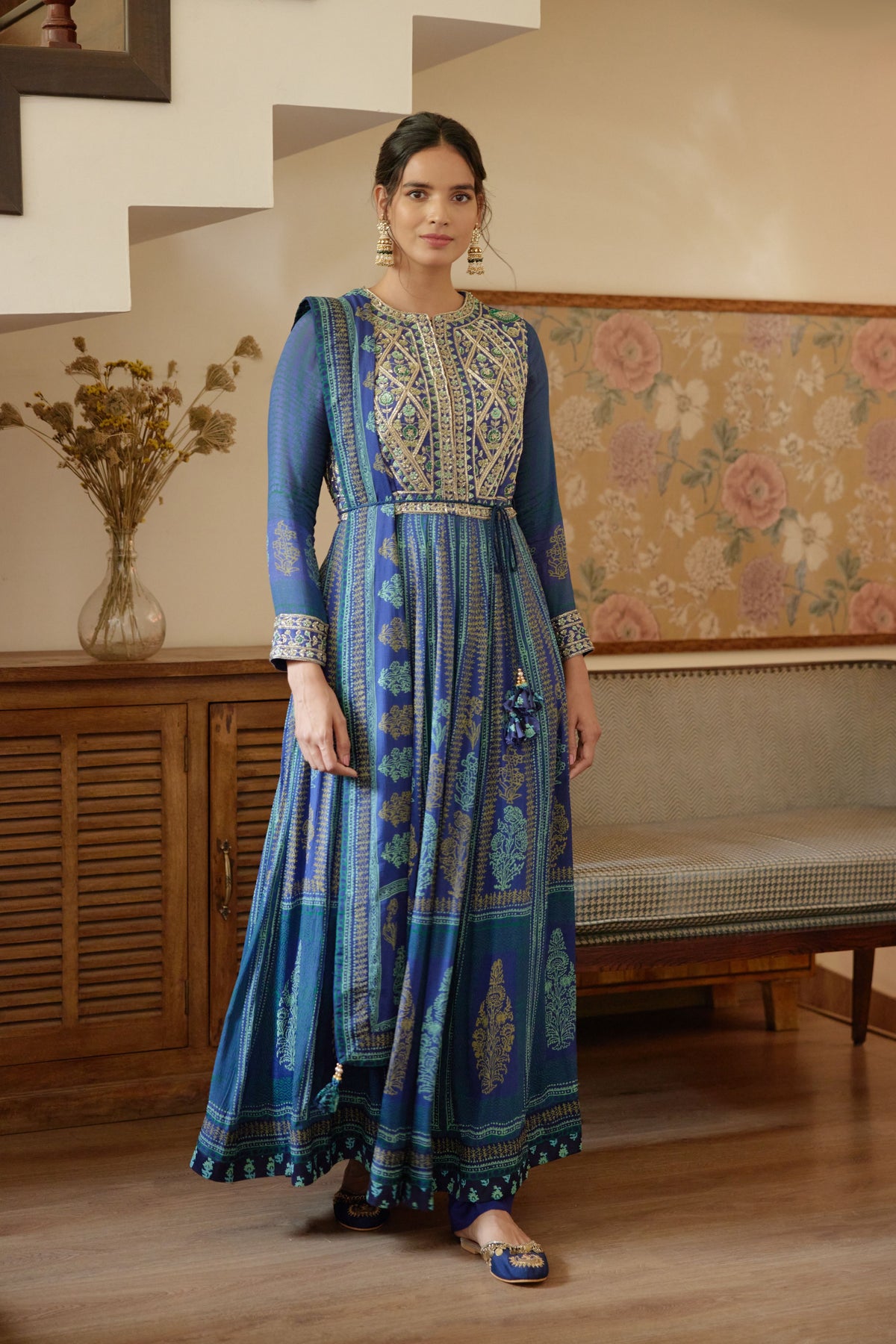 Royal Blue Hand Block Printed Anarkali Set