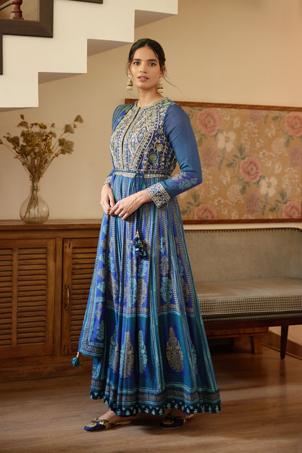 Royal Blue Hand Block Printed Anarkali Set