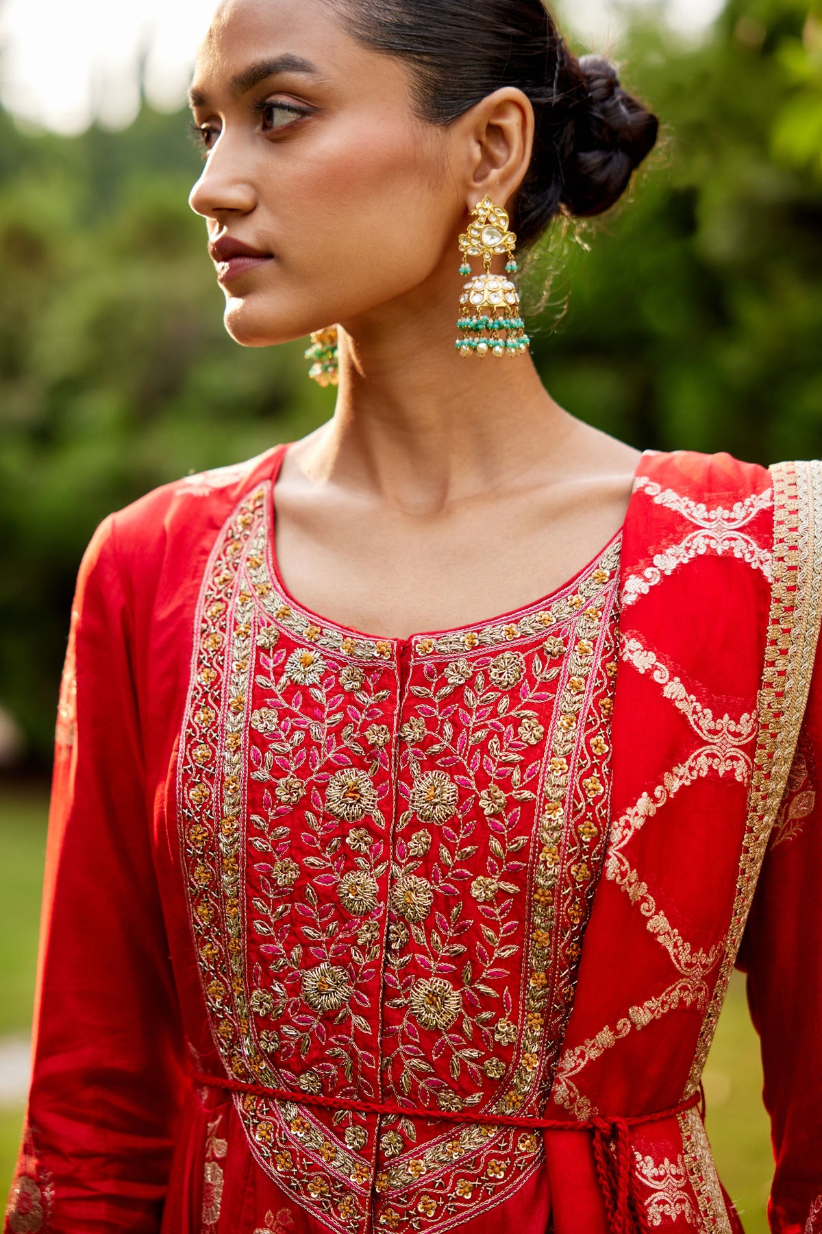 Red Embroidered Anarkali Set