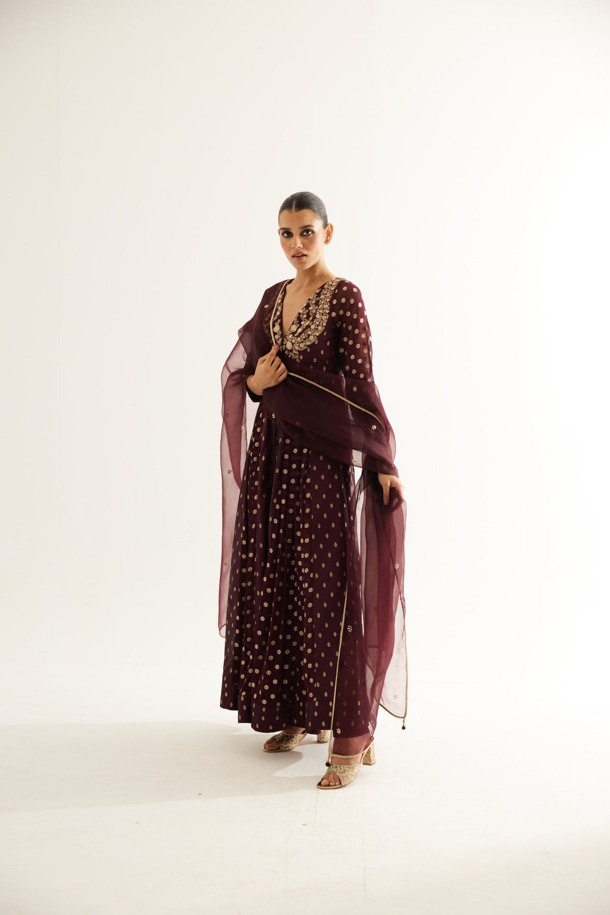 Wine Anarkali Set