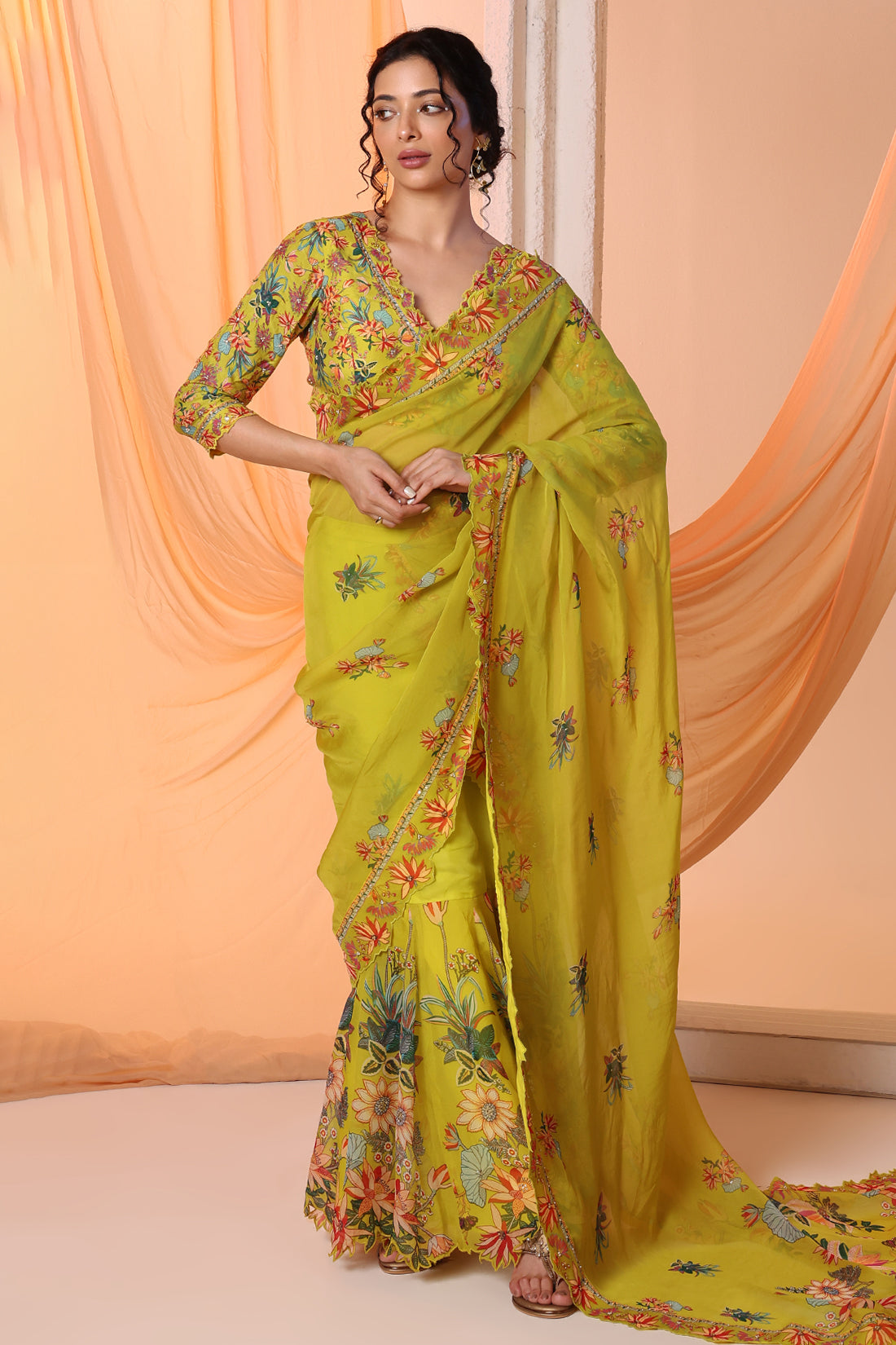 Yellow Embroidered Drape Saree Set