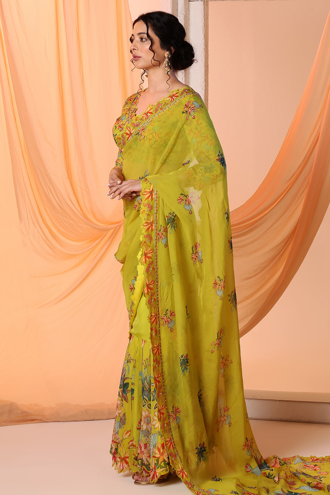 Yellow Embroidered Drape Saree Set