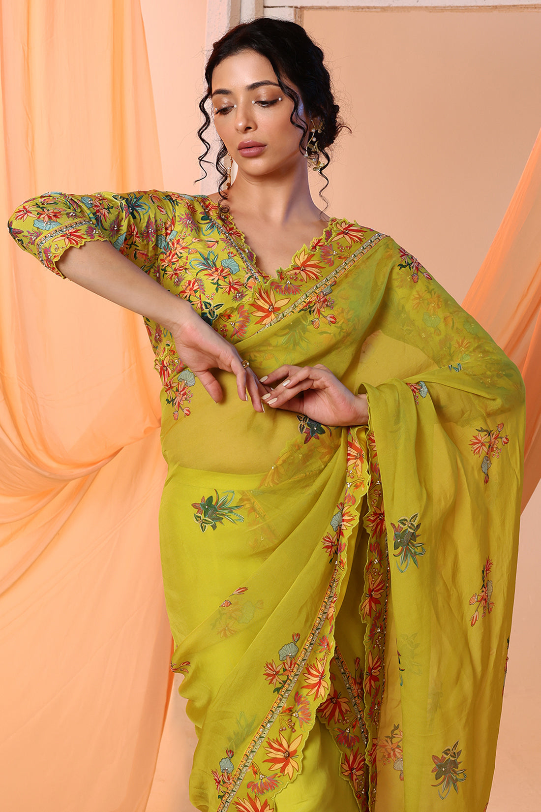 Yellow Embroidered Drape Saree Set