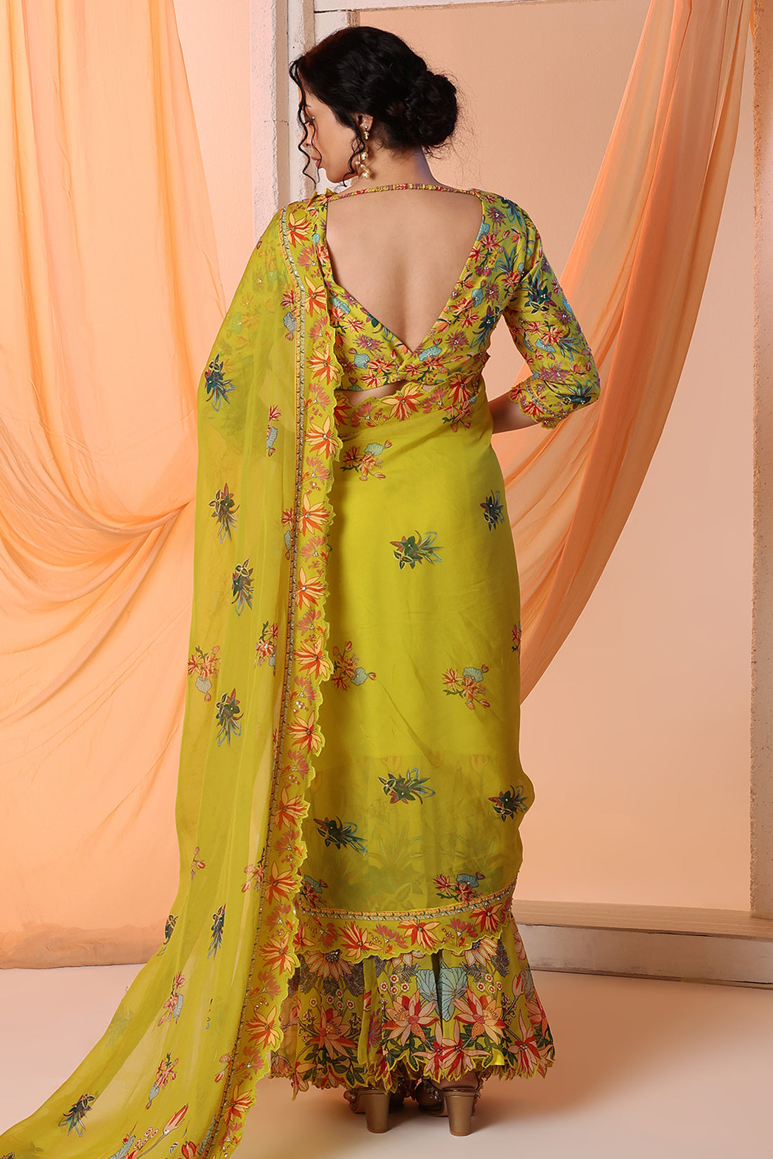 Yellow Embroidered Drape Saree Set