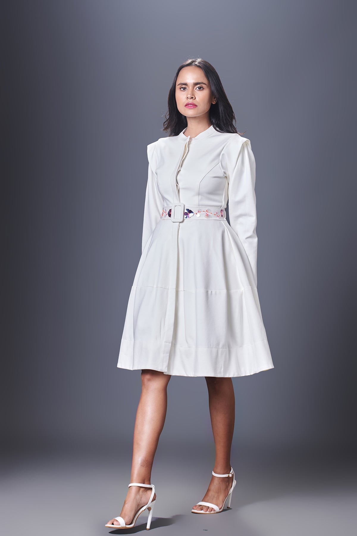 White Jacket Dress With Hand Embroidered Belt