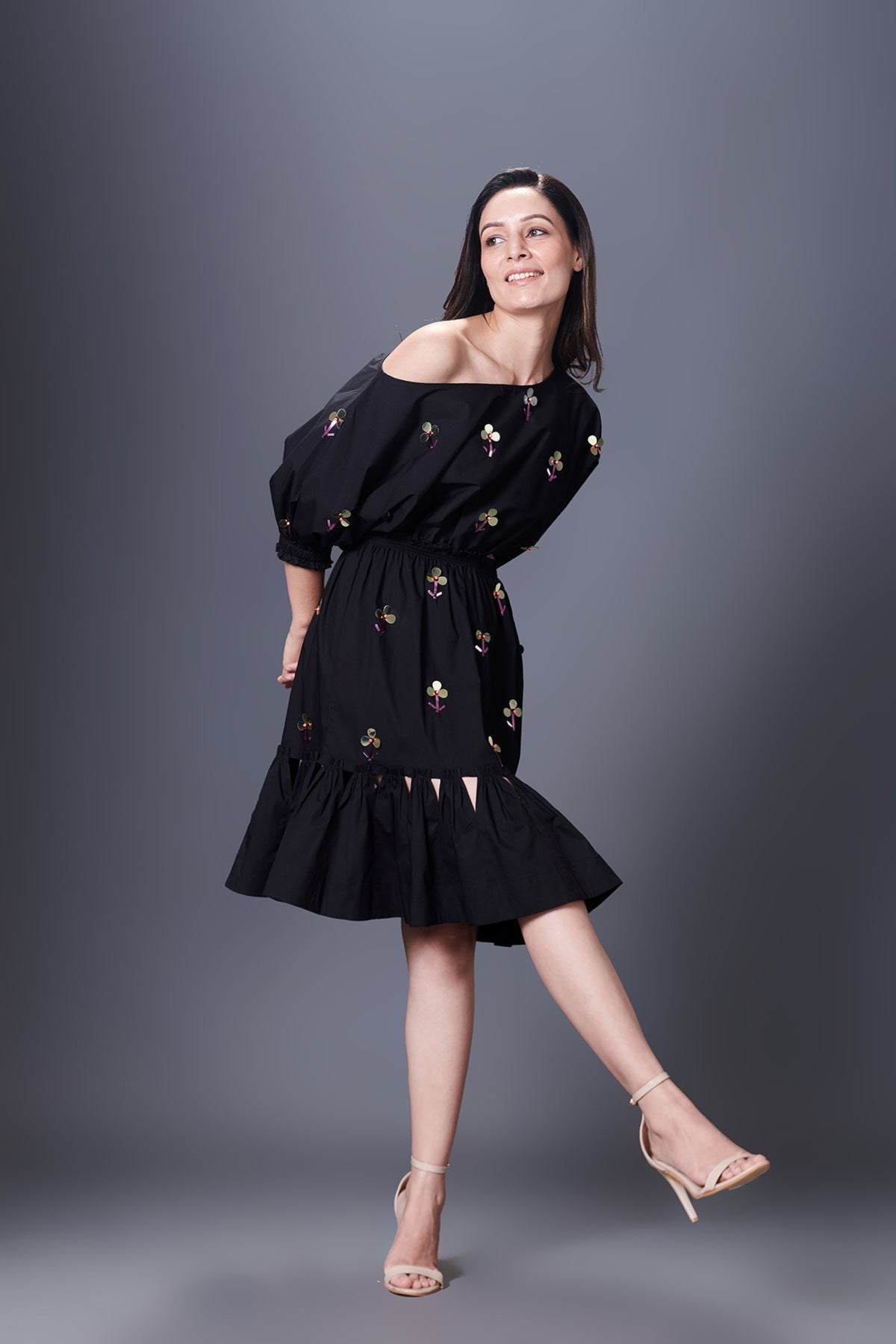 Black  Off-Shoulder Side Cutout Dress