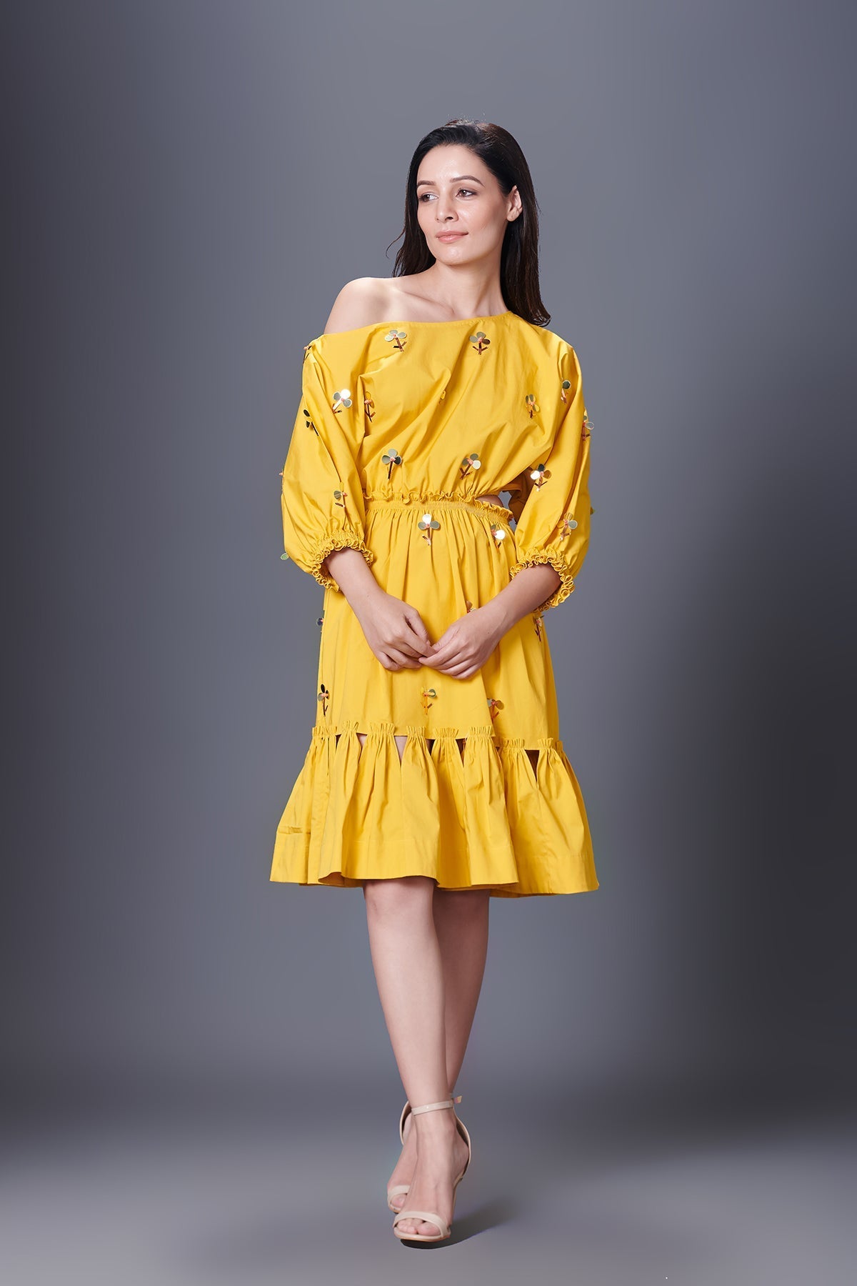 Yellow  Off-Shoulder Side Cutout Dress