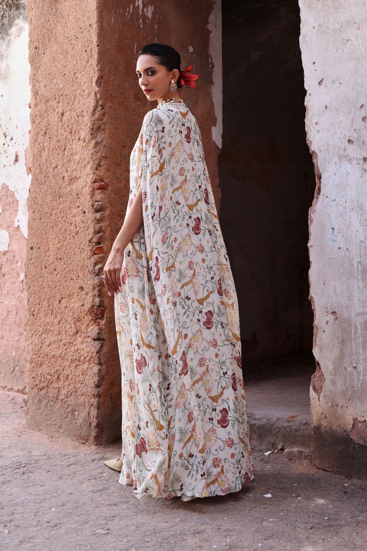 Amara Ivory Printed Draped Kaftan