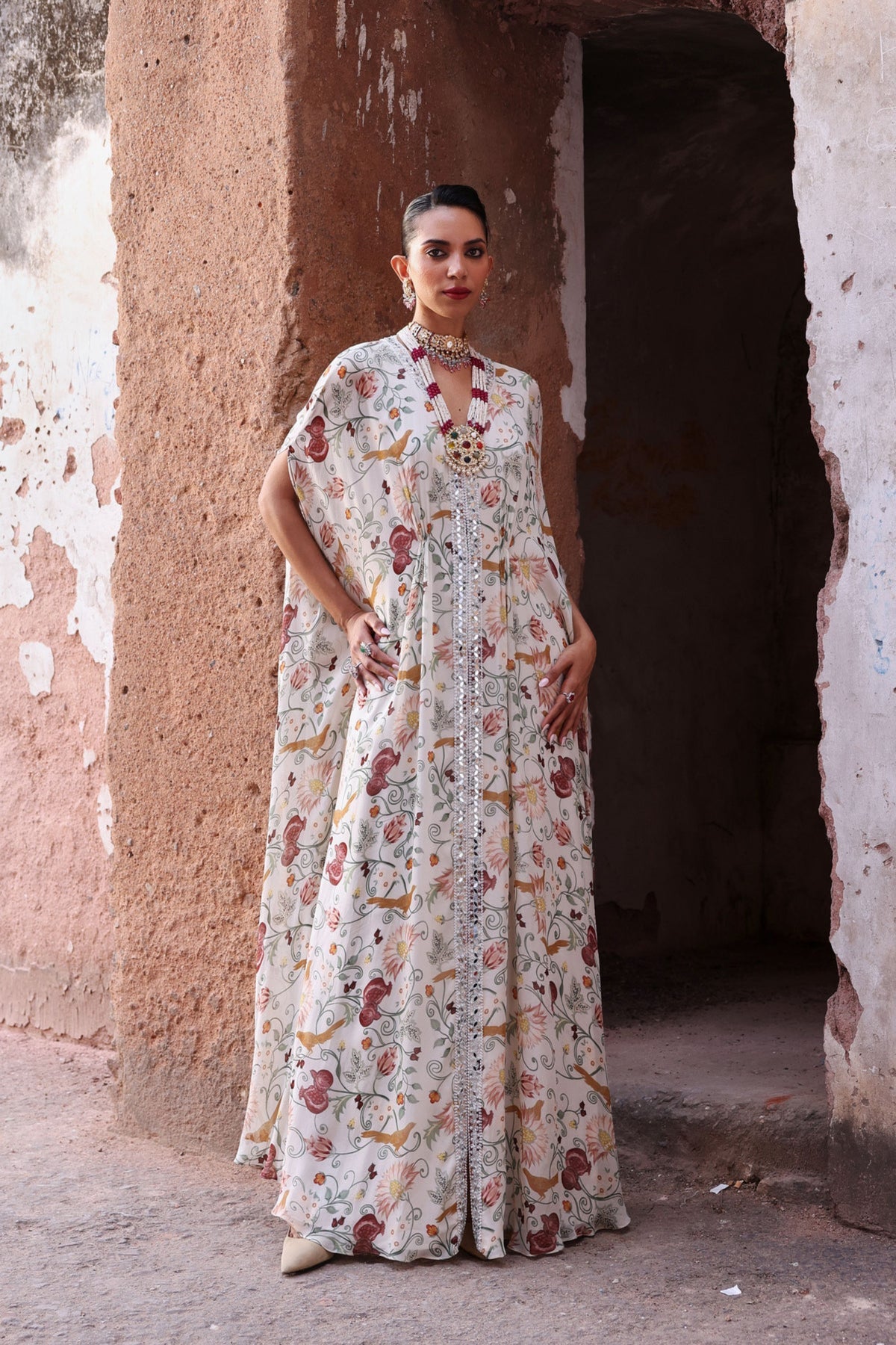 Amara Ivory Printed Draped Kaftan