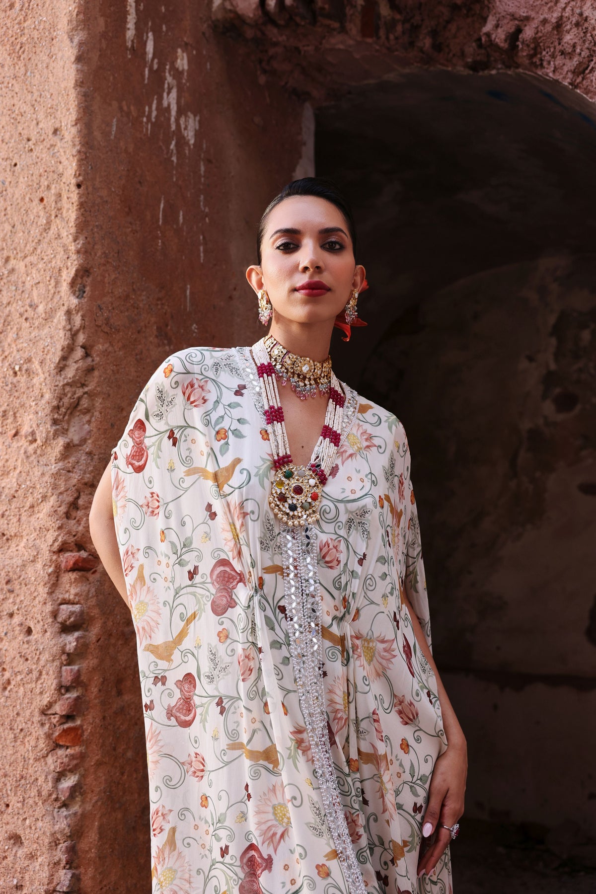 Amara Ivory Printed Draped Kaftan