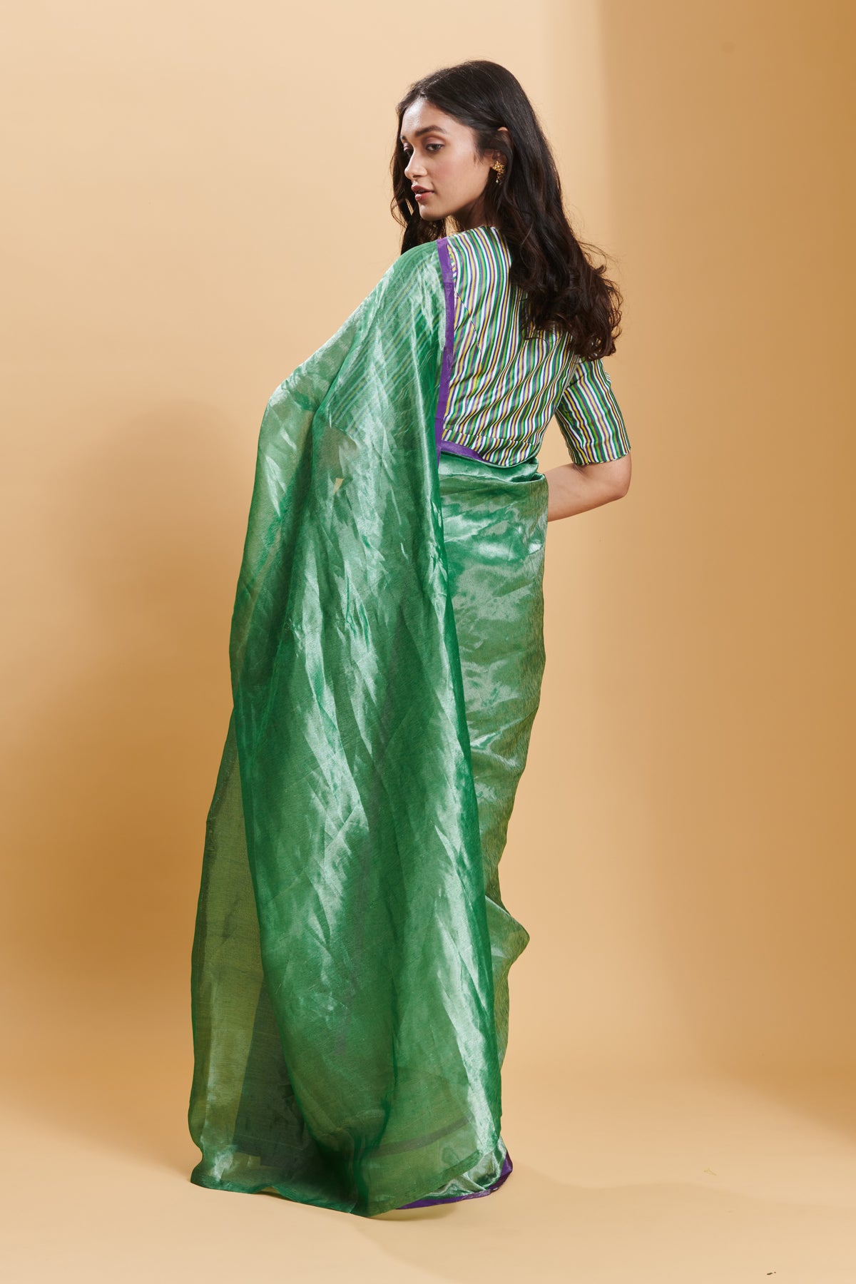 Green Dancing Moonlight Metallic Mulberry Silk Saree