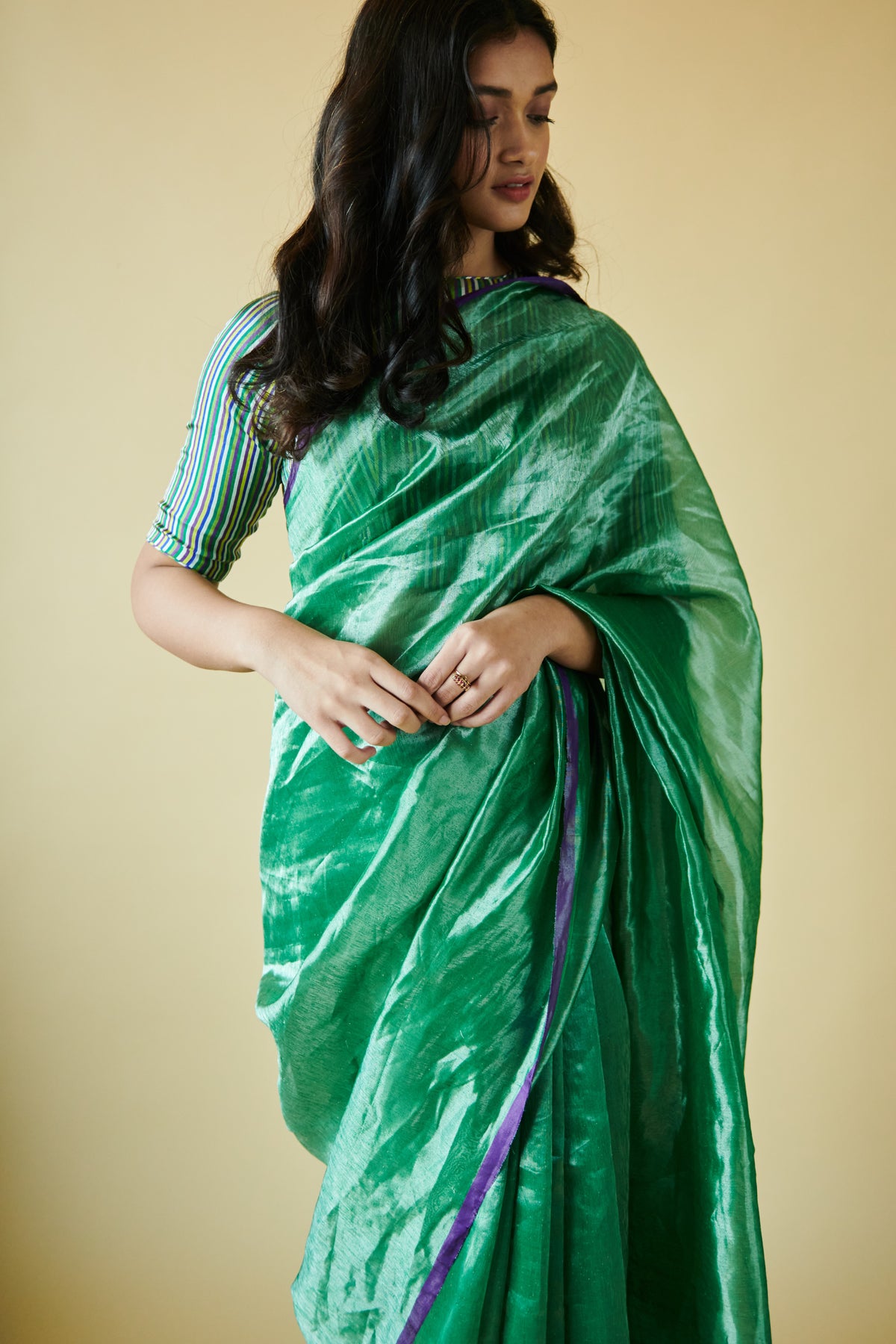 Green Dancing Moonlight Metallic Mulberry Silk Saree