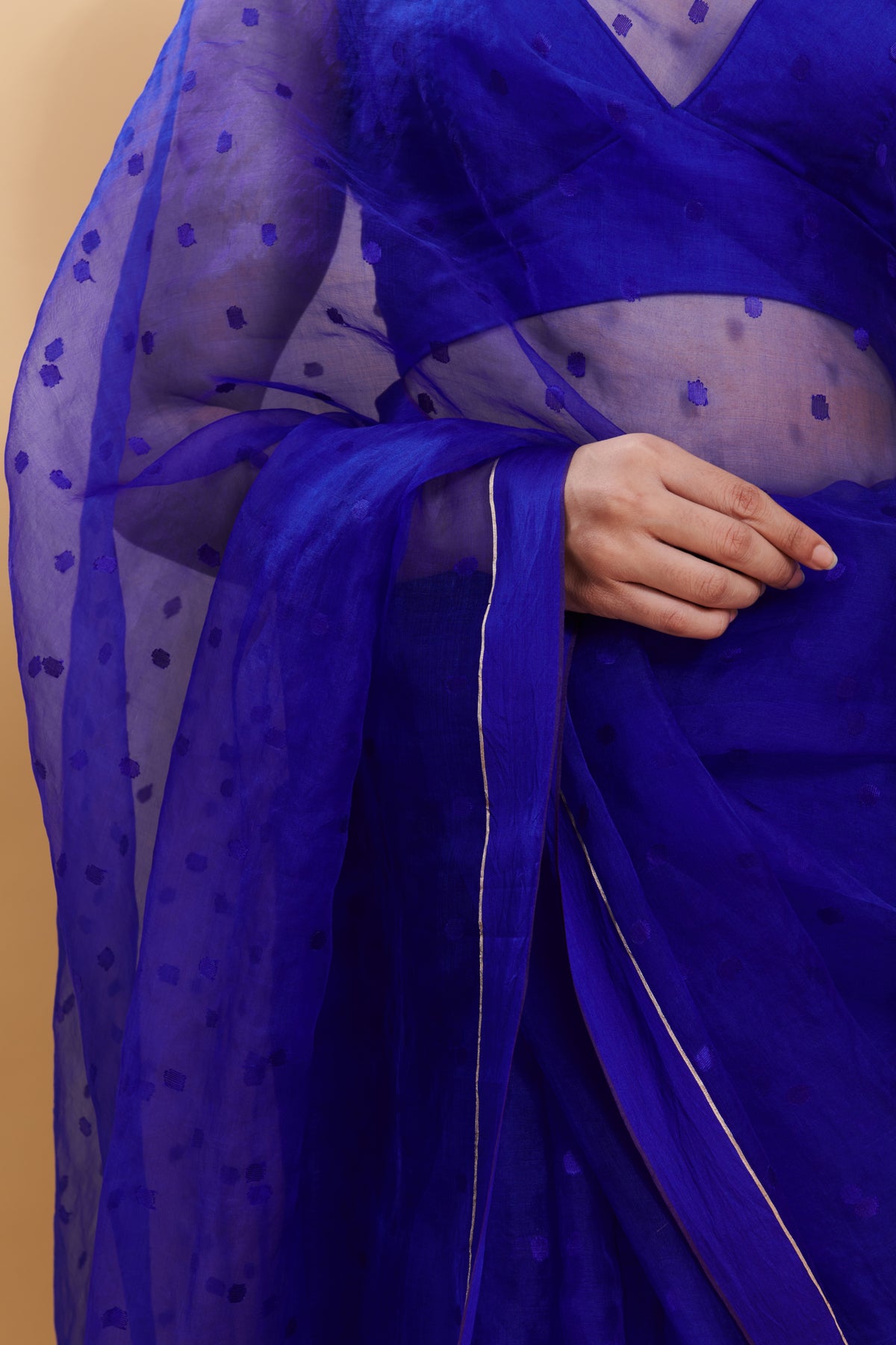 Blue Wildflower Meadow Jamdani Dots Silk Saree