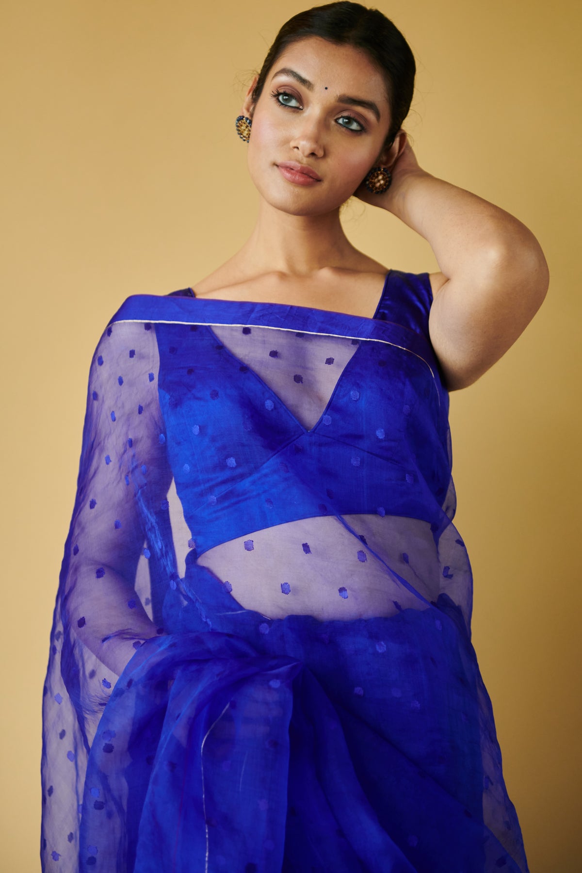 Blue Wildflower Meadow Jamdani Dots Silk Saree