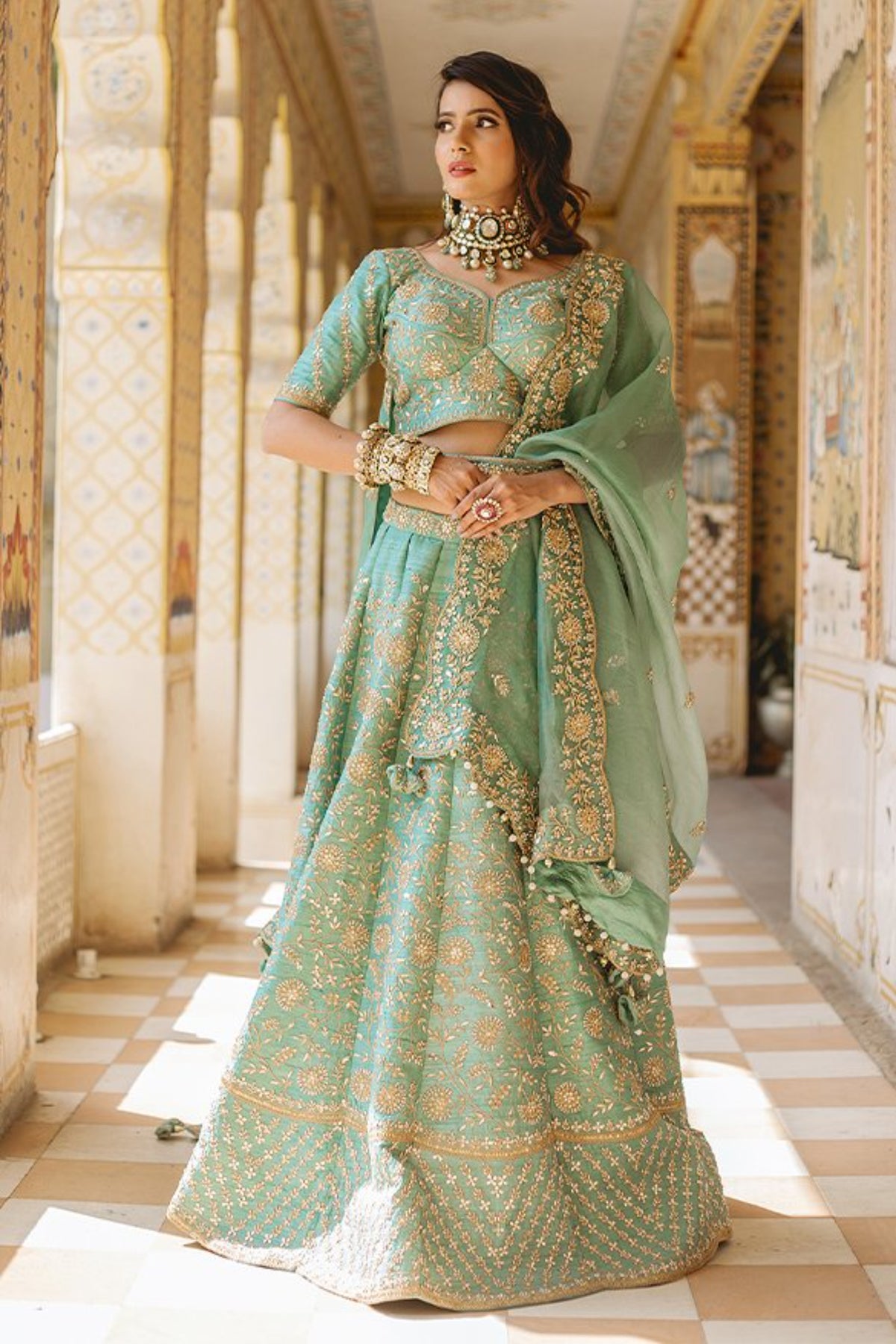 Sea Blue Raw Silk Lehenga Set