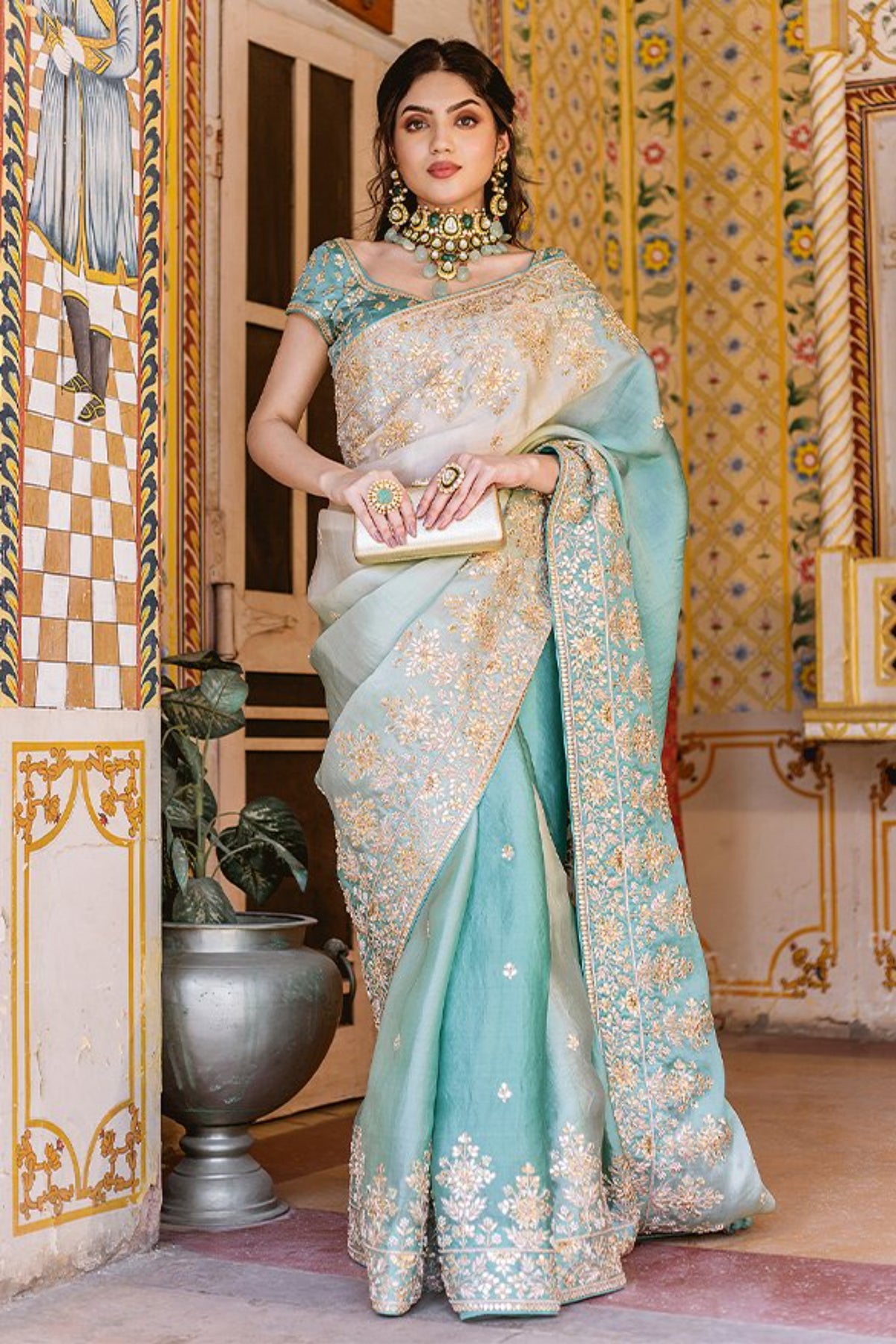 Ombre Sea Blue Organza Saree Set